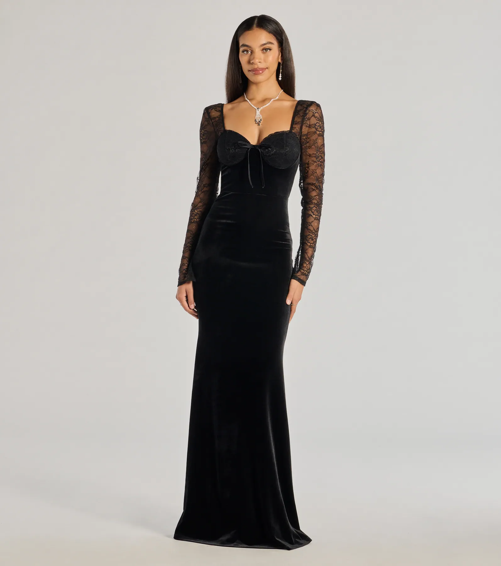 Jaya Long Sleeve Lace And Velvet Column Dress