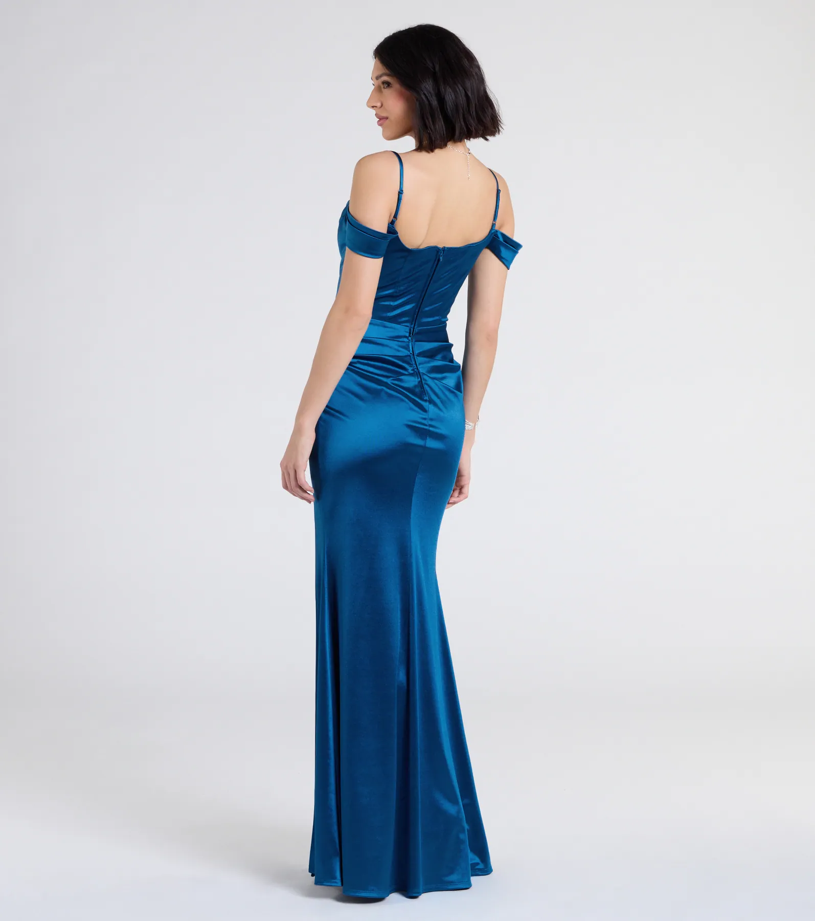 Trista Cold Shoulder Slit Satin Formal Dress