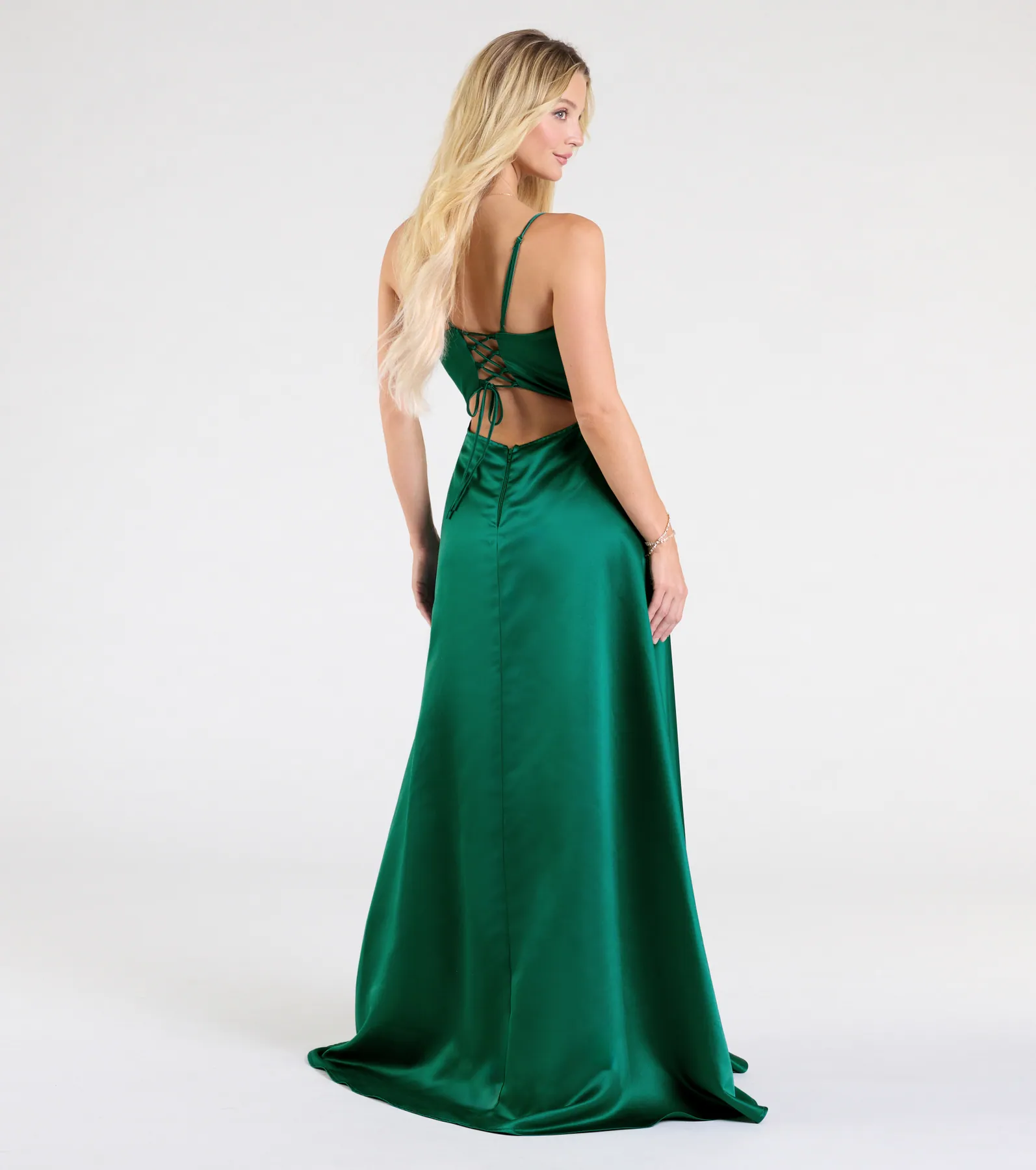 Brittany Lace-Up Slit A-Line Satin Formal Dress