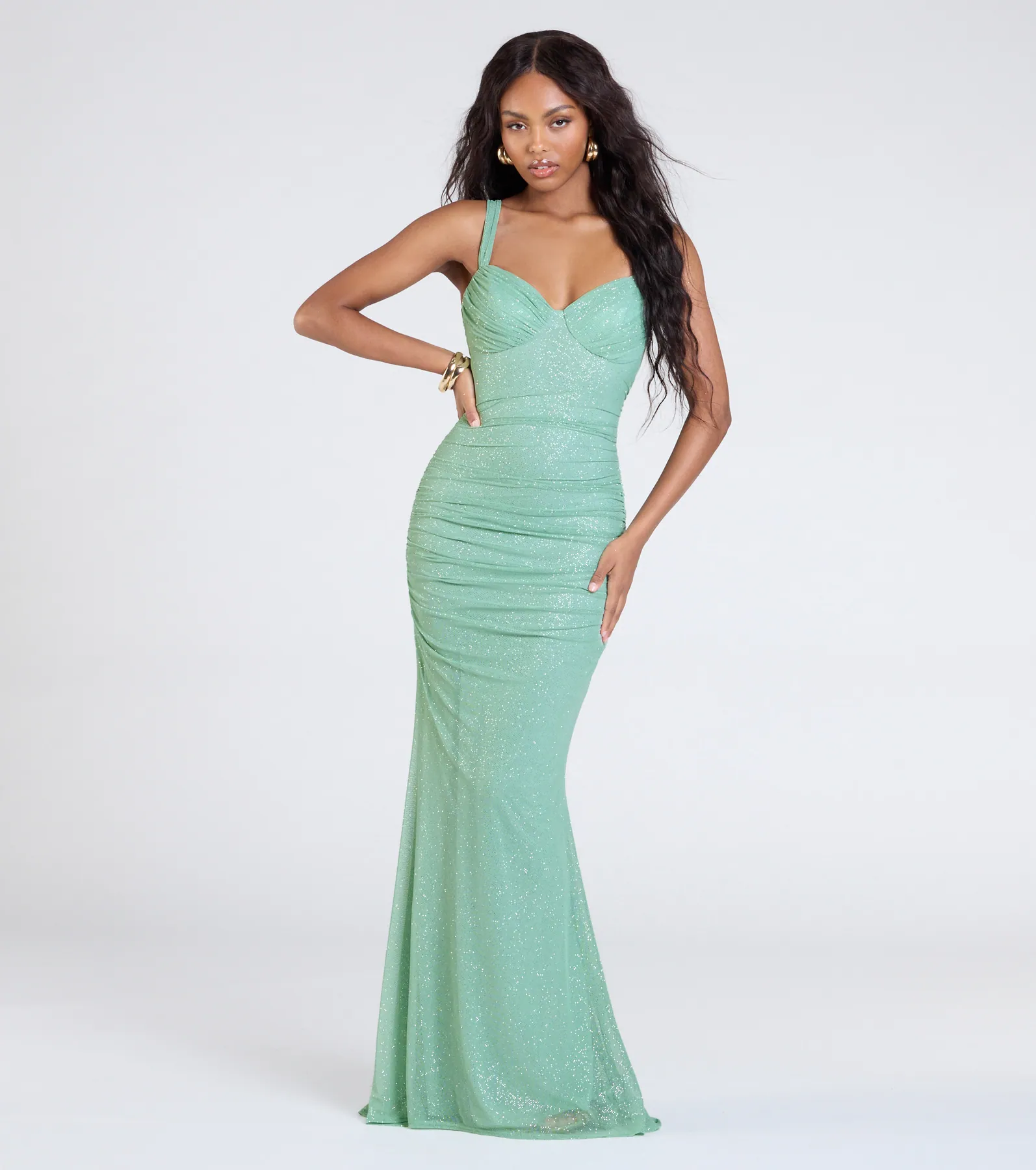 Jenna Lace-Up Ruched Mermaid Glitter Formal Dress