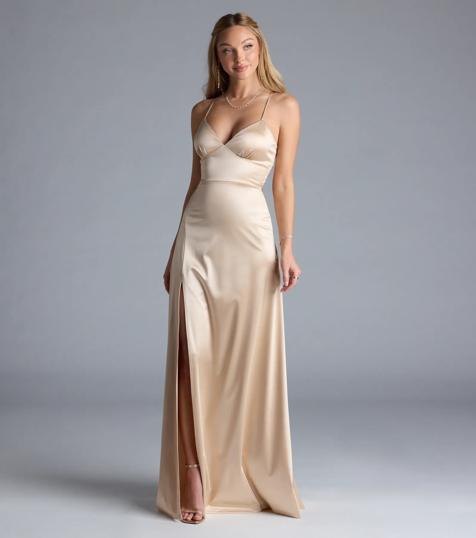 Allegra Lace-Up Slit A-Line Satin Formal Dress