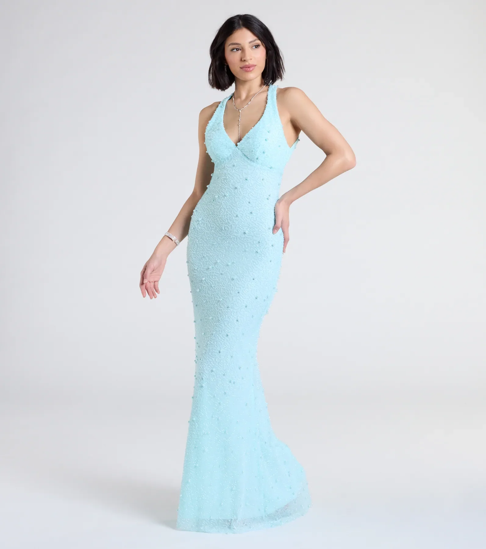 Tyra Halter Open Back Pearl Mermaid Formal Dress