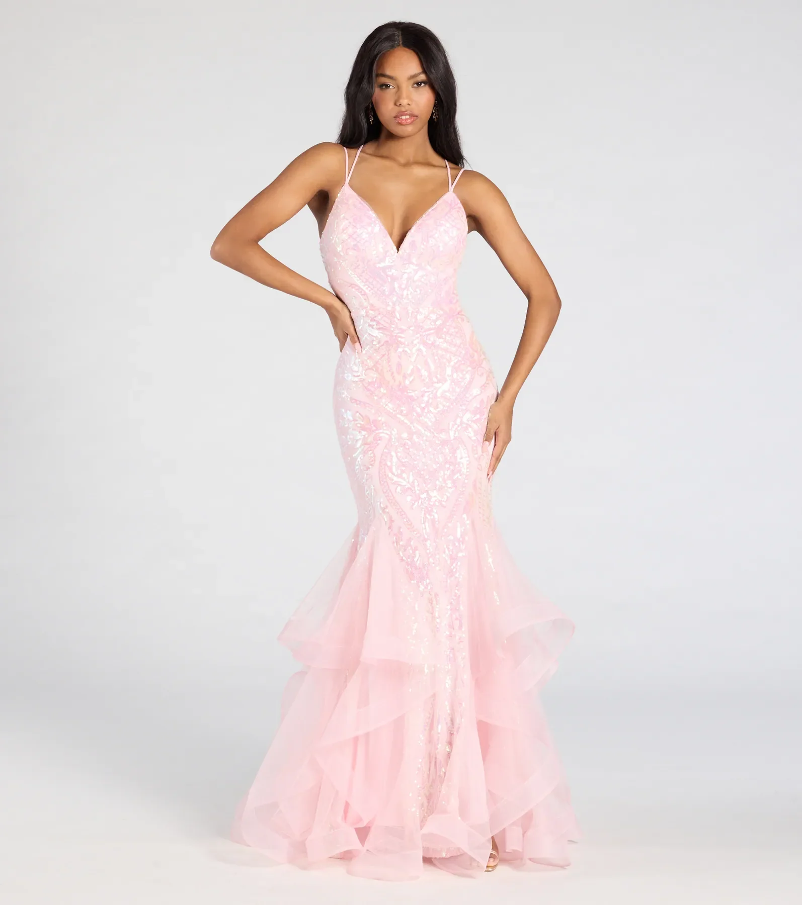 Sylvia Lace-Up Mermaid Tulle Ruffle Sequin Dress