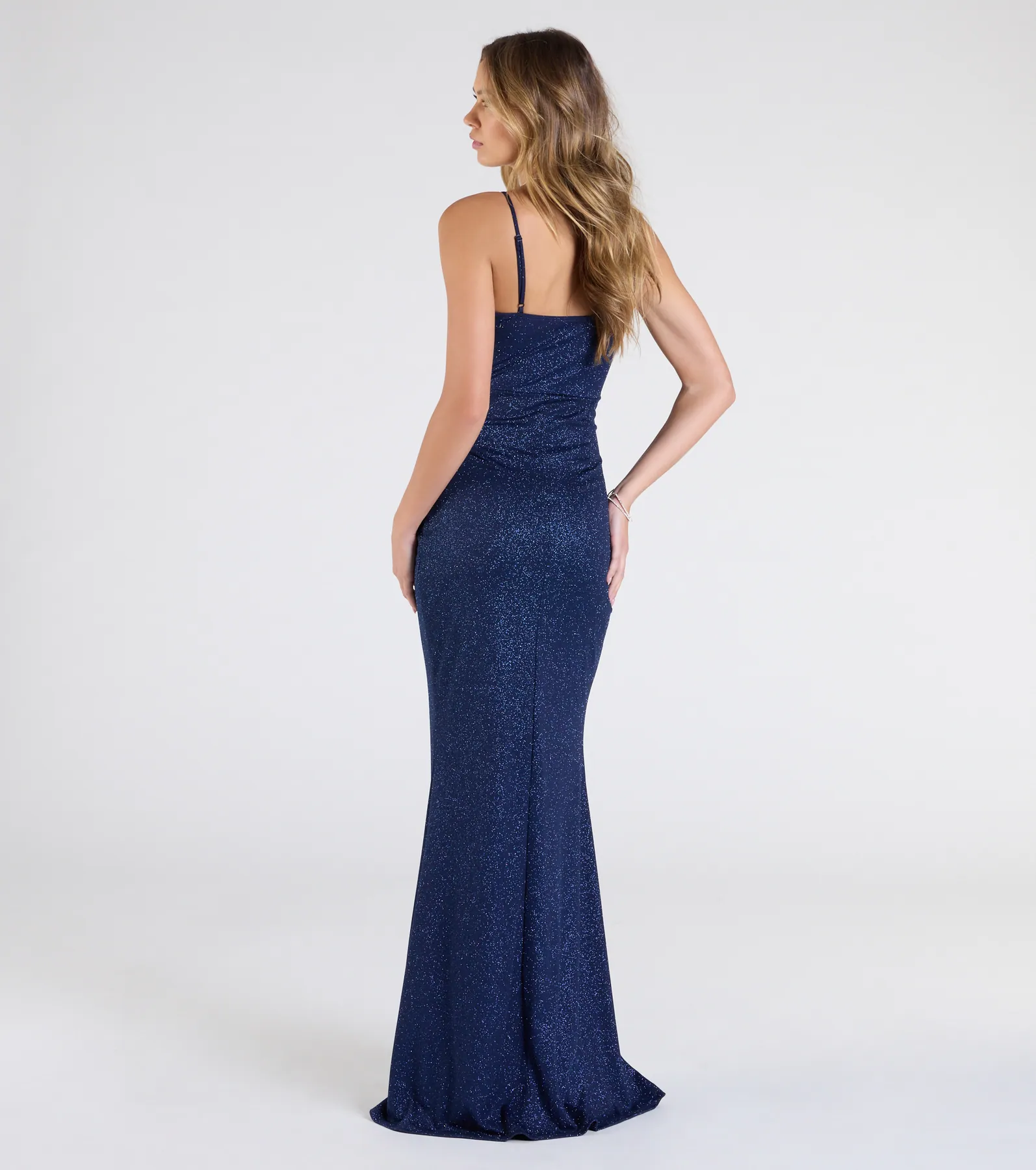 Johanna Cowl Neck Slit Glitter Formal Dress