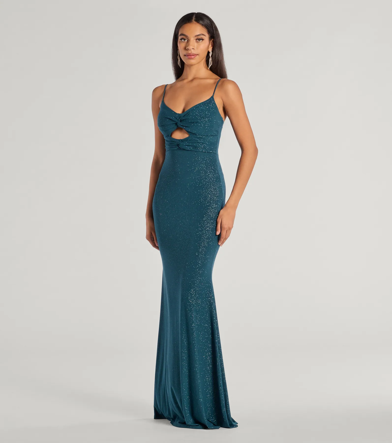 Della Glitter Knit Twist-Front Cutout Mermaid Dress