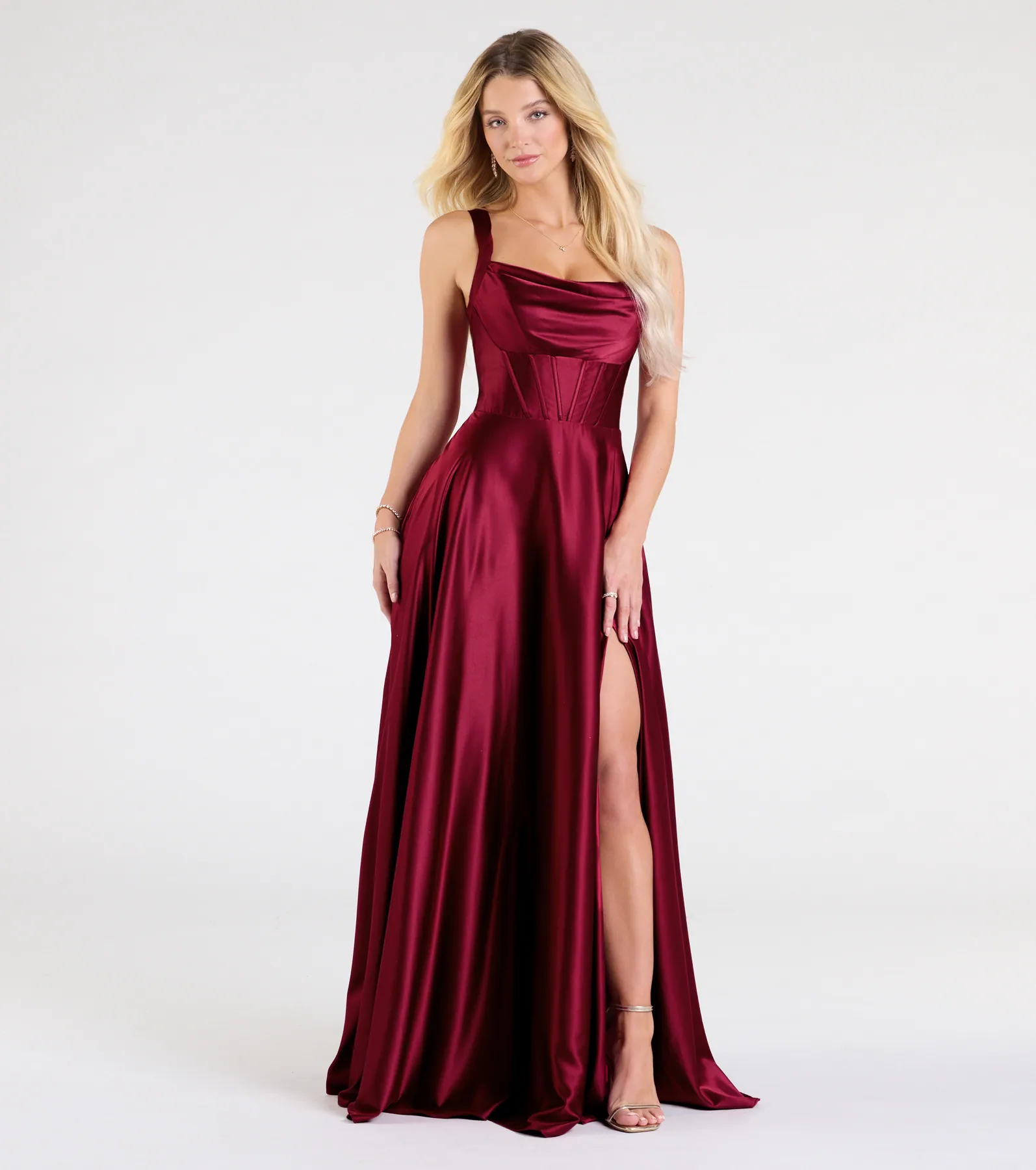 Daphne Corset Slit A-Line Satin Formal Dress