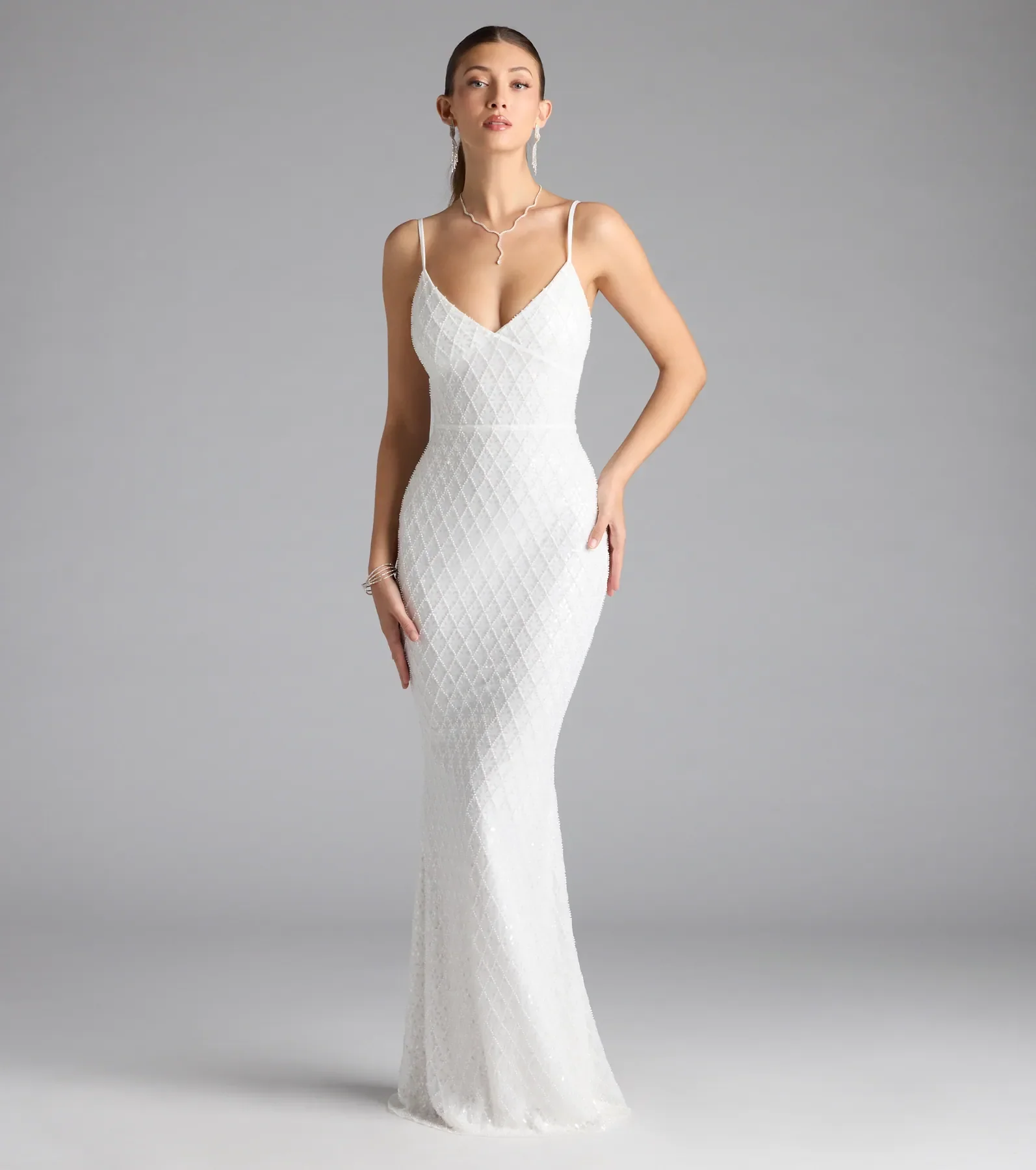 Kaylie V-Neck Bodycon Sequin Bead Formal Dress