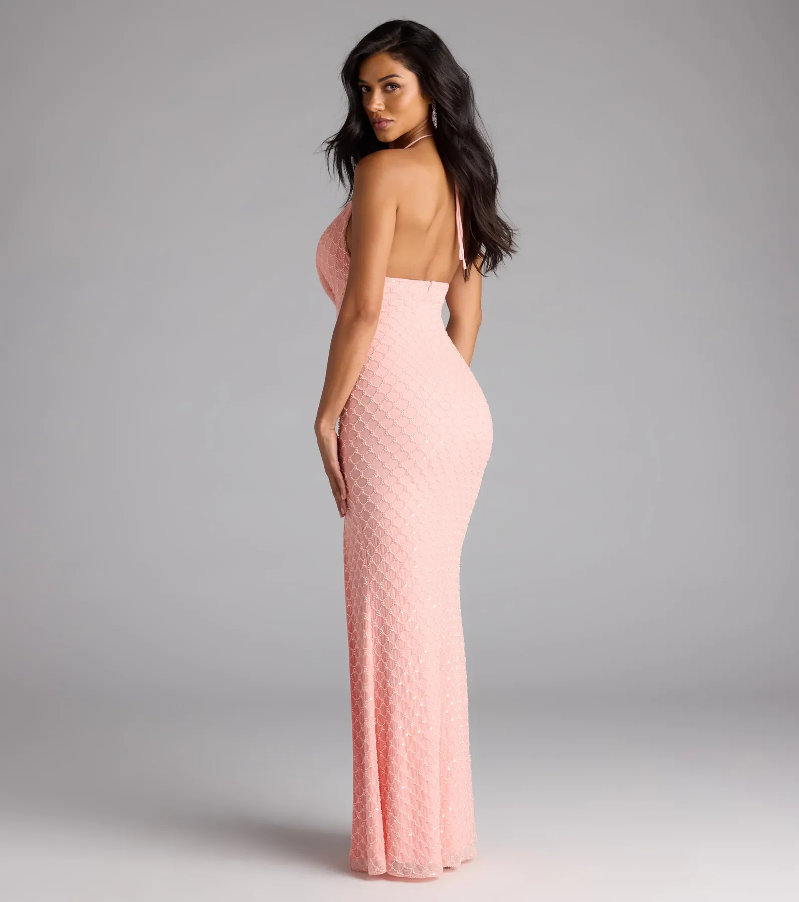 Alana Halter Beaded Sequin Formal Dress