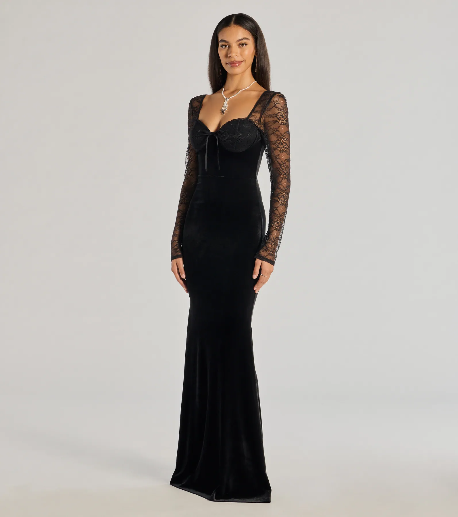 Jaya Long Sleeve Lace And Velvet Column Dress