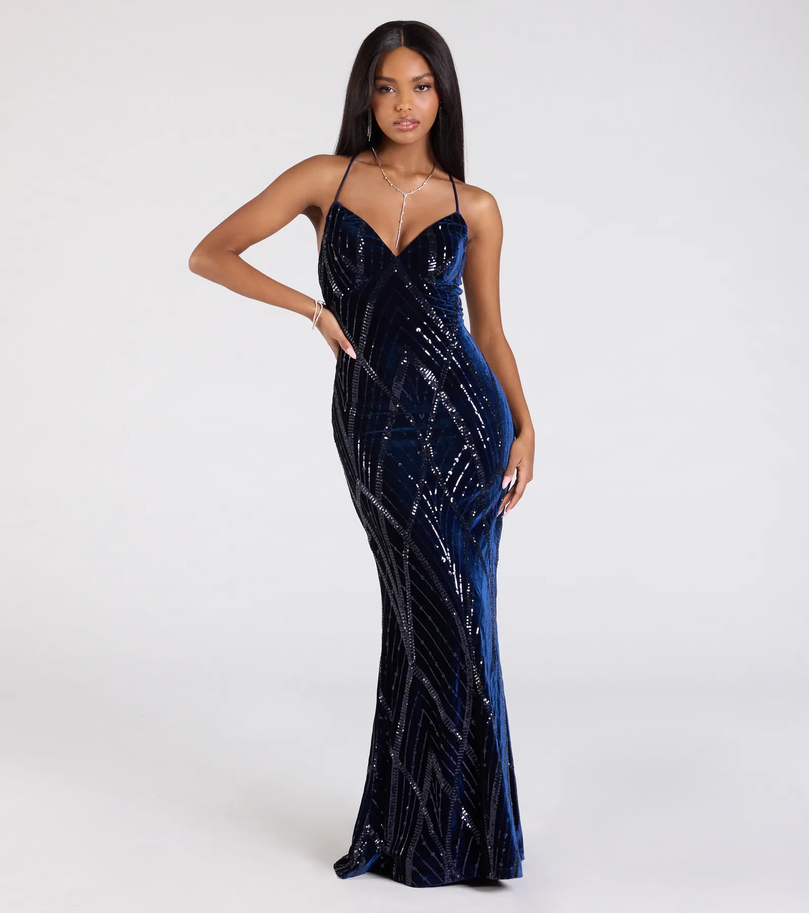 Gisele Sequin Velvet Lace-Up Mermaid Dress