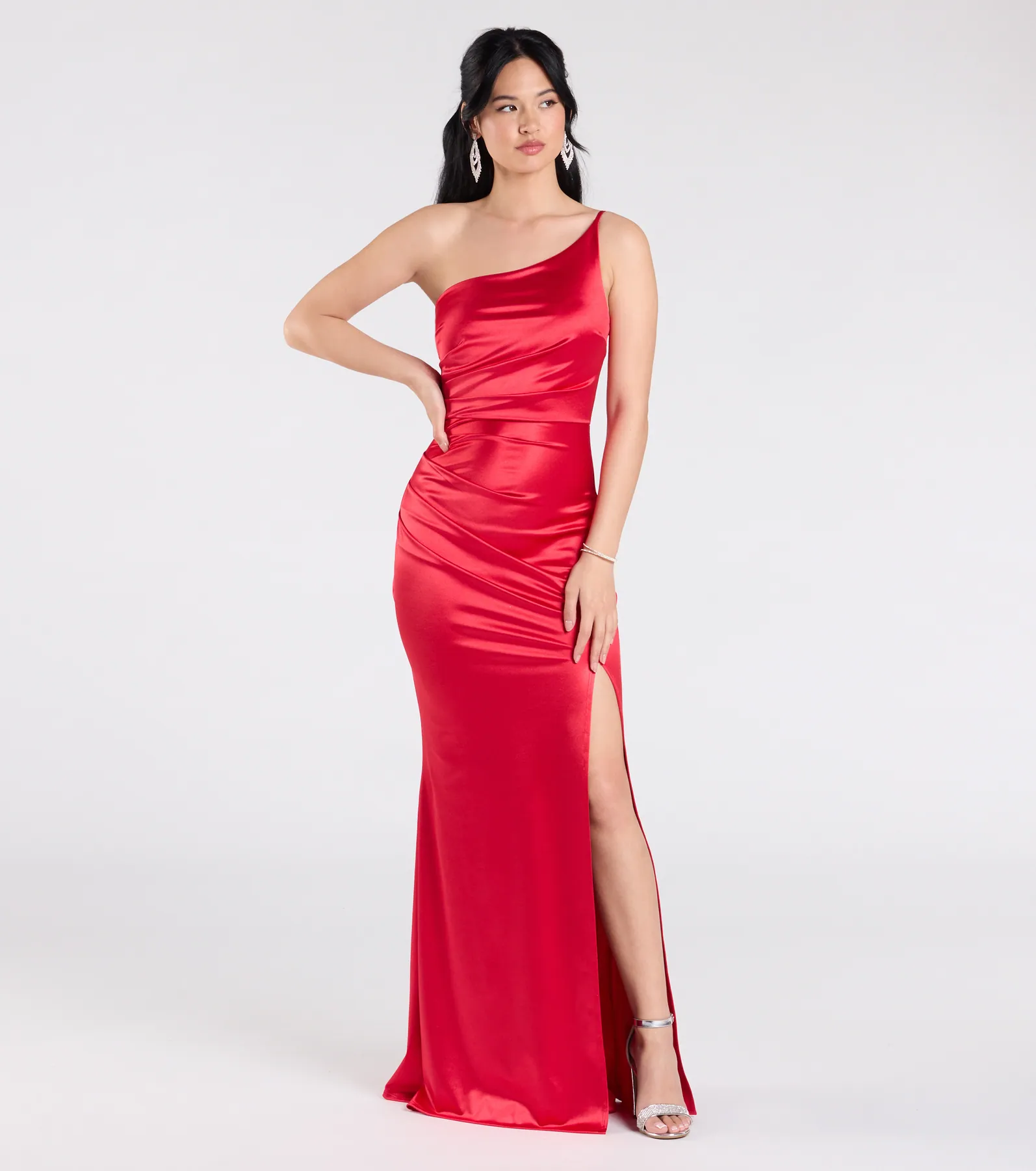 Contessa One-Shoulder Slit Satin Formal Dress