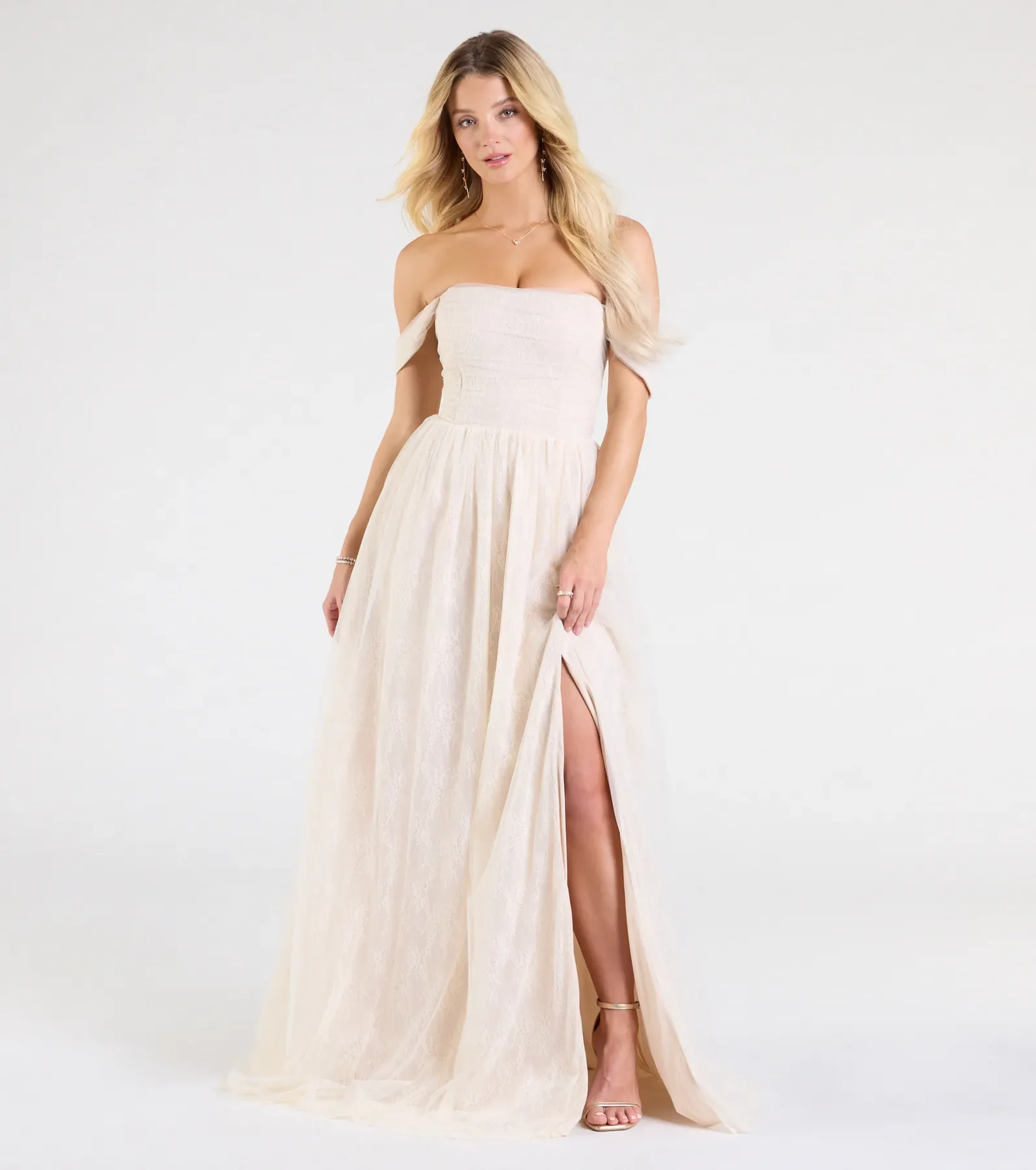 Raelynn Off-The-Shoulder A-Line Lace Ball Gown