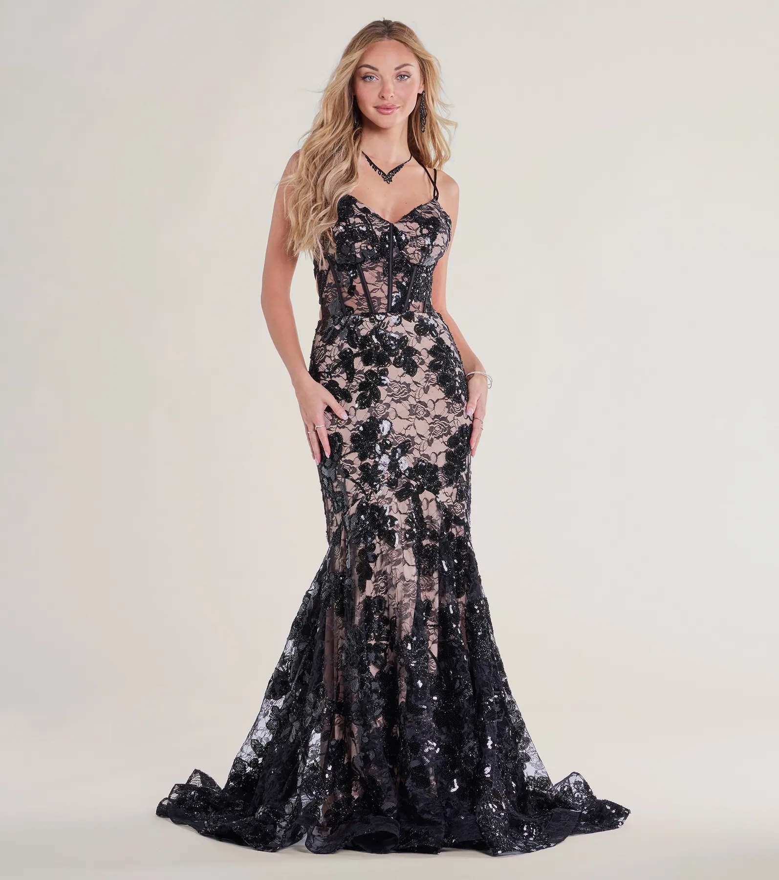 Daniella Bustier Lace-Up Lace Sequin Mermaid Gown