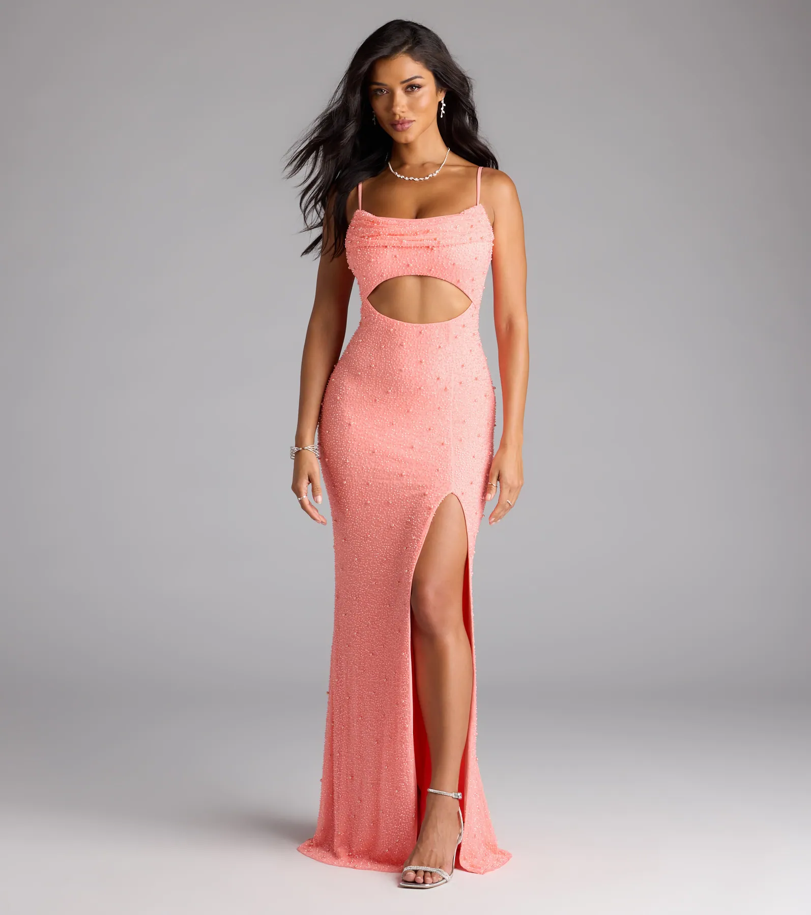 Marine Cutout Slit Mermaid Beaded Formal Dress