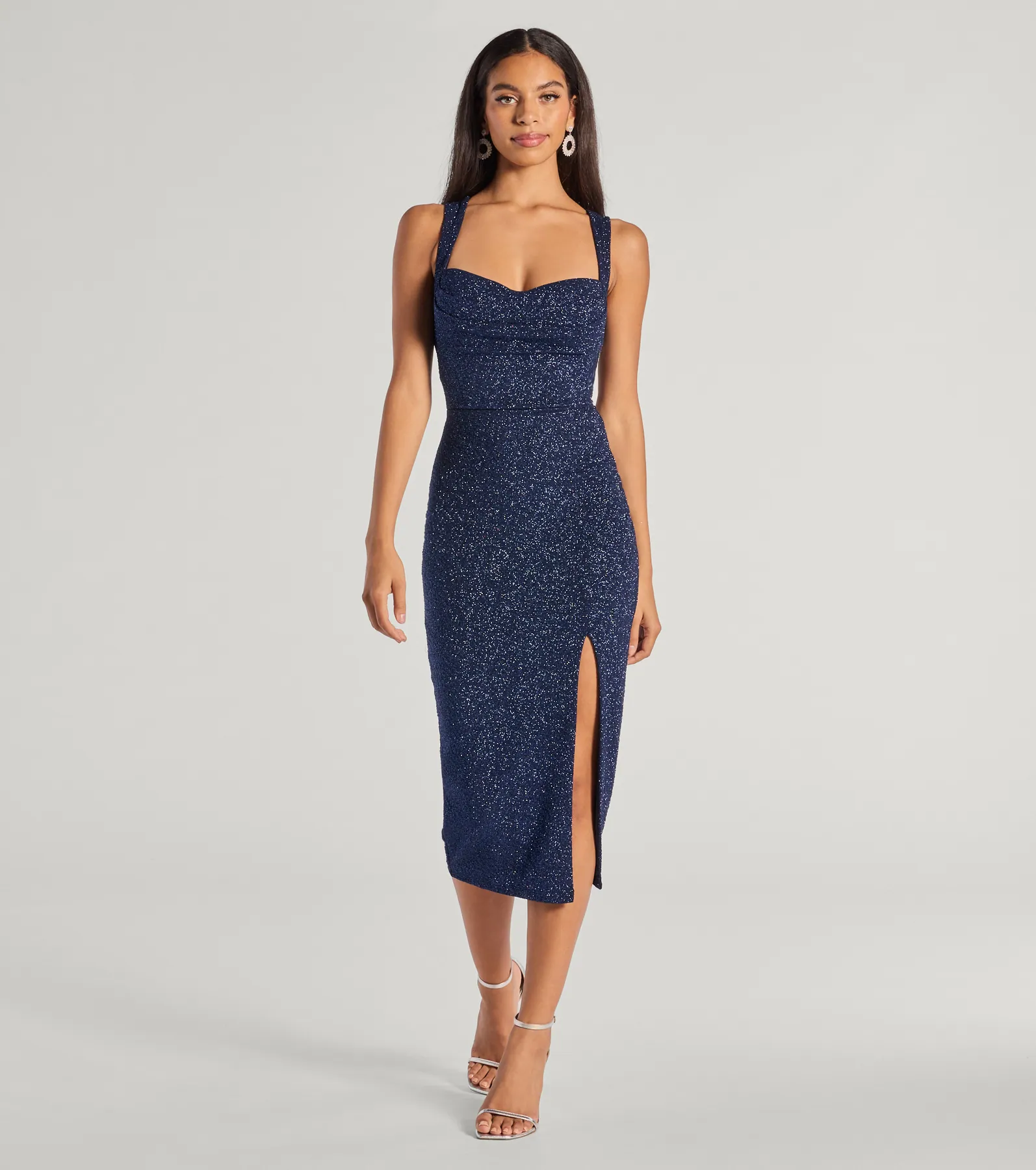 Arlette Lace-Up High Slit Glitter Knit Midi Dress