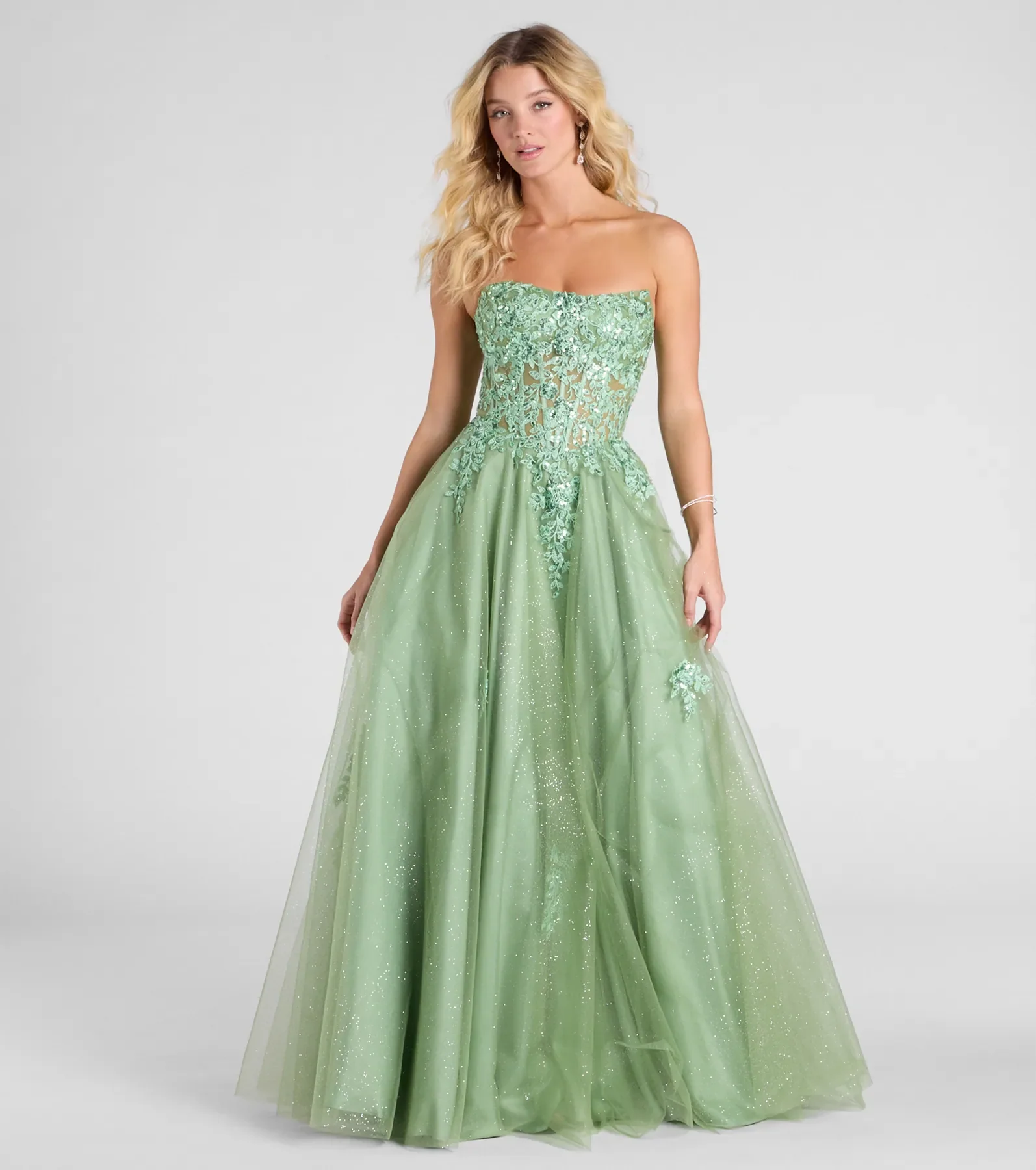 Petra Sequin Floral Applique Glitter Tulle Gown