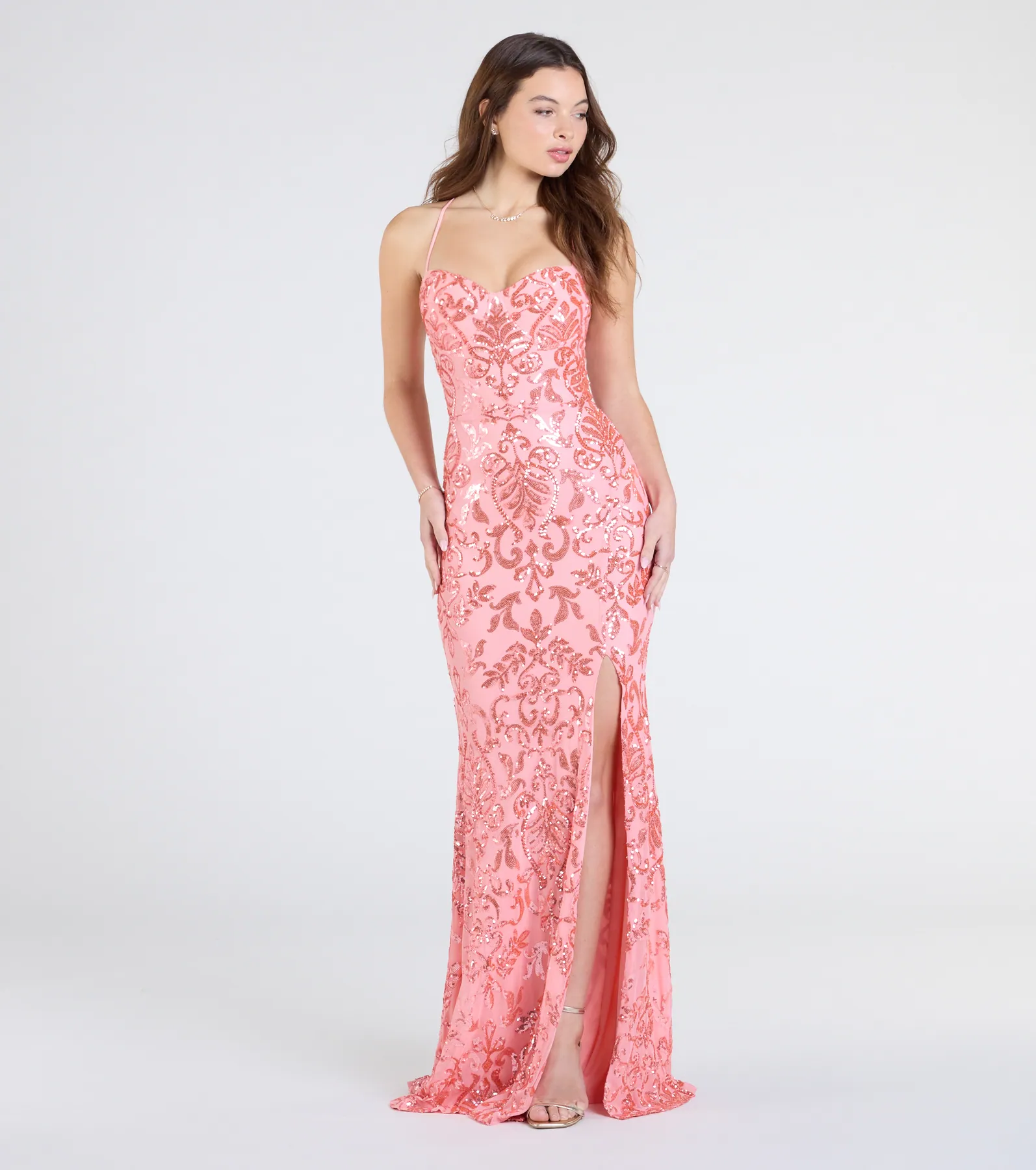 Shelby Lace-Up Slit Sequin Formal Dress