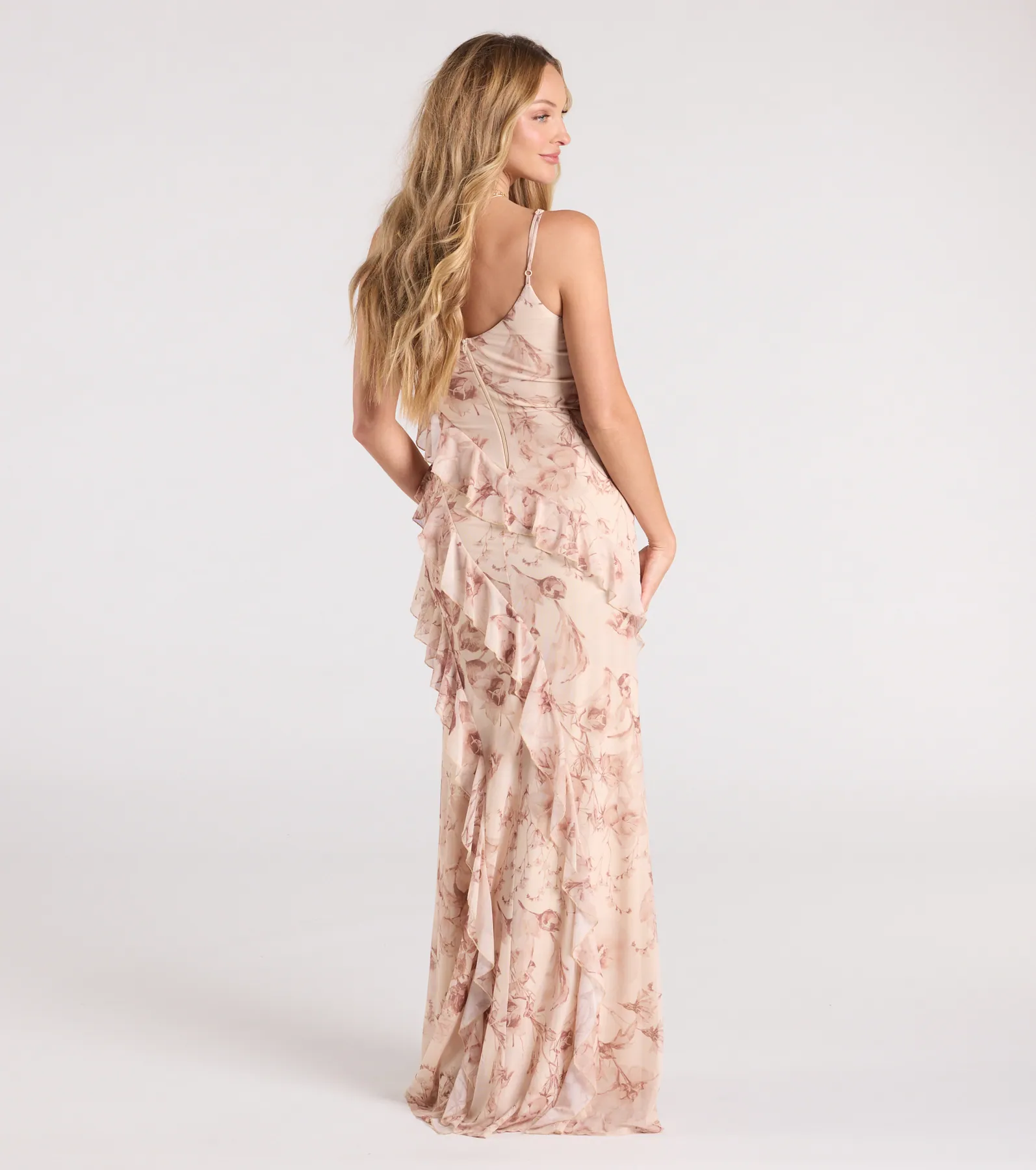 Sancia V-Neck Ruffle Slit Floral Formal Dress