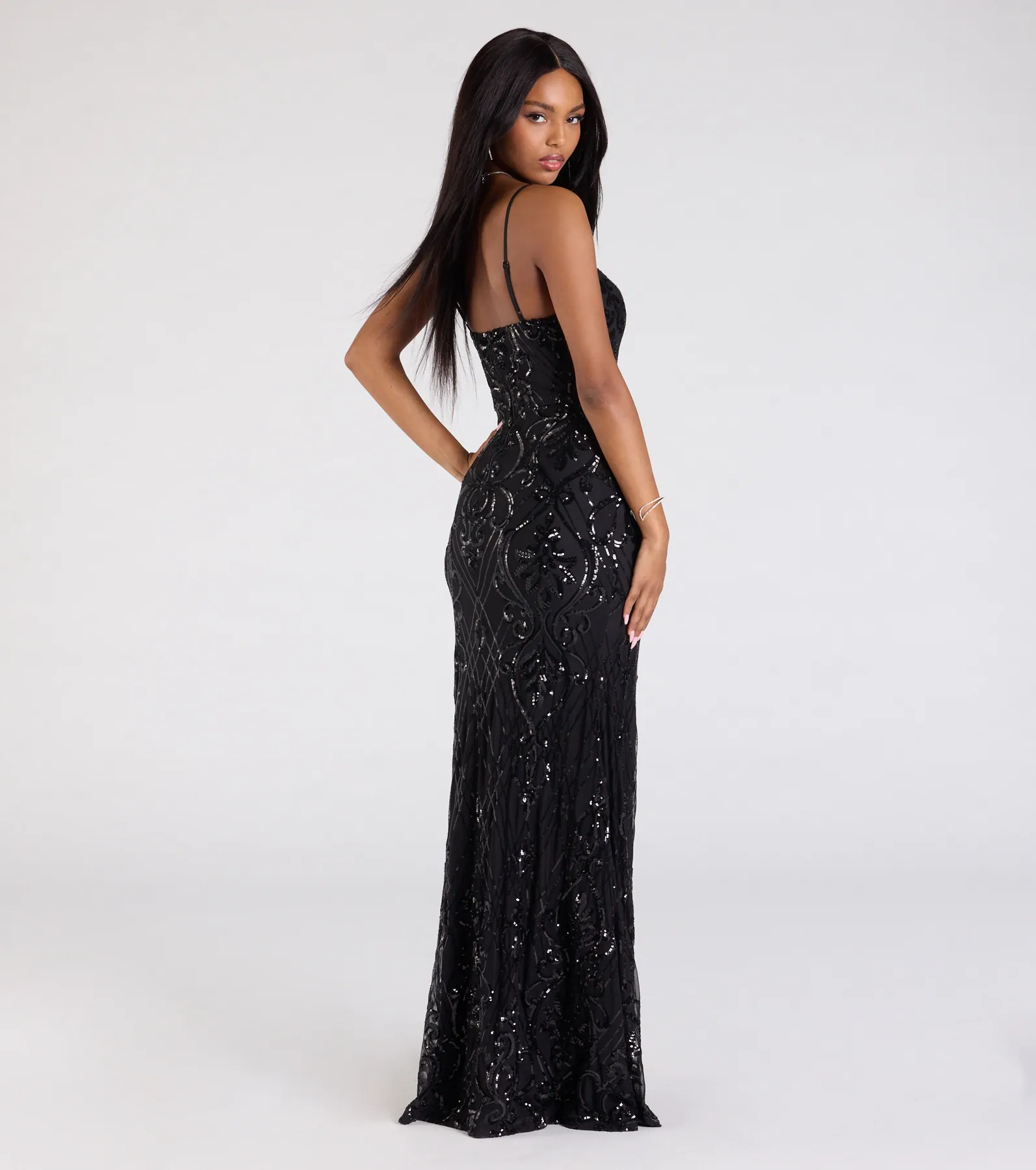 Jillian Sequin Slit Long Formal Dress