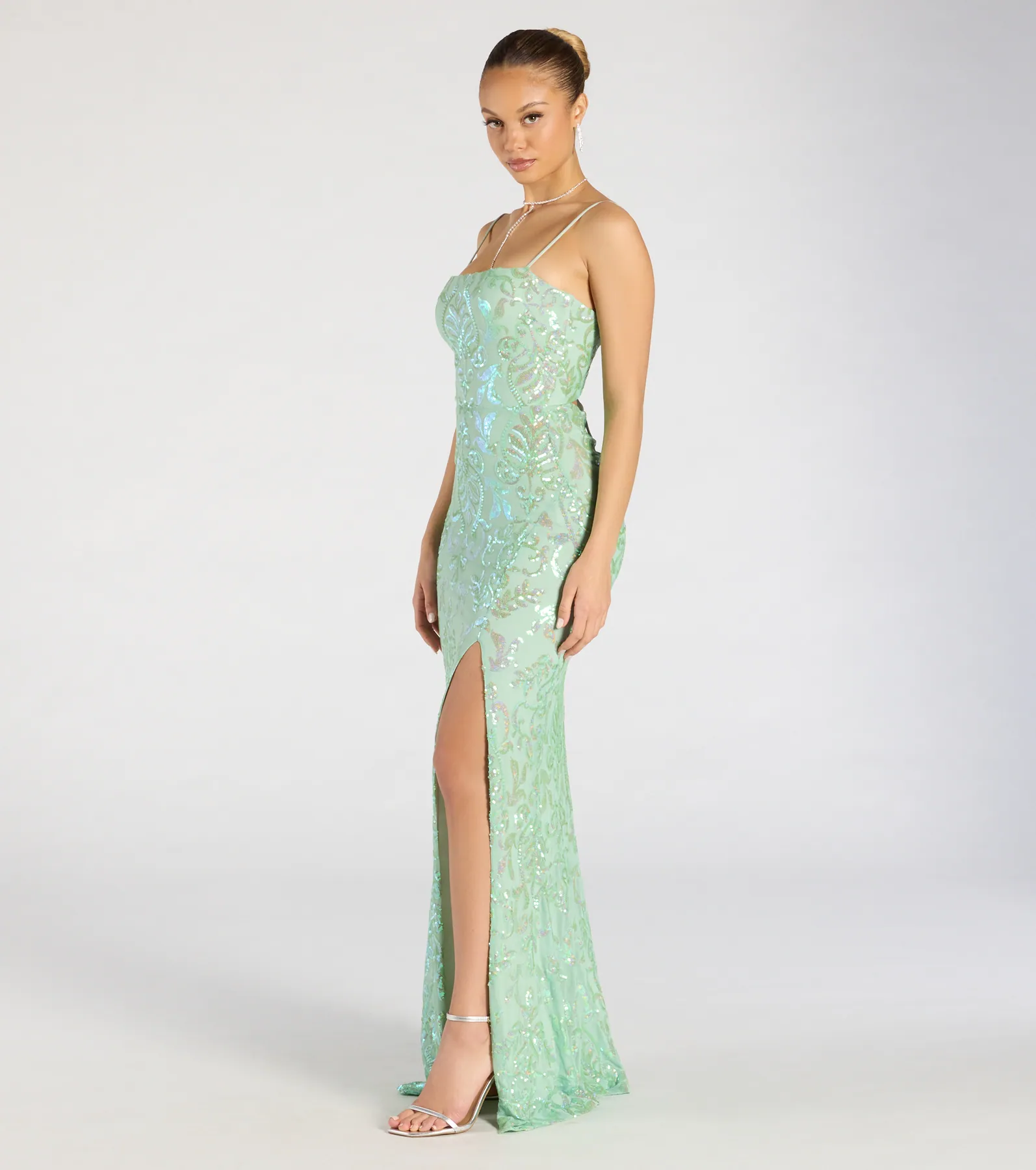 Celina Sequin Lace-Up High Slit Mermaid Dress