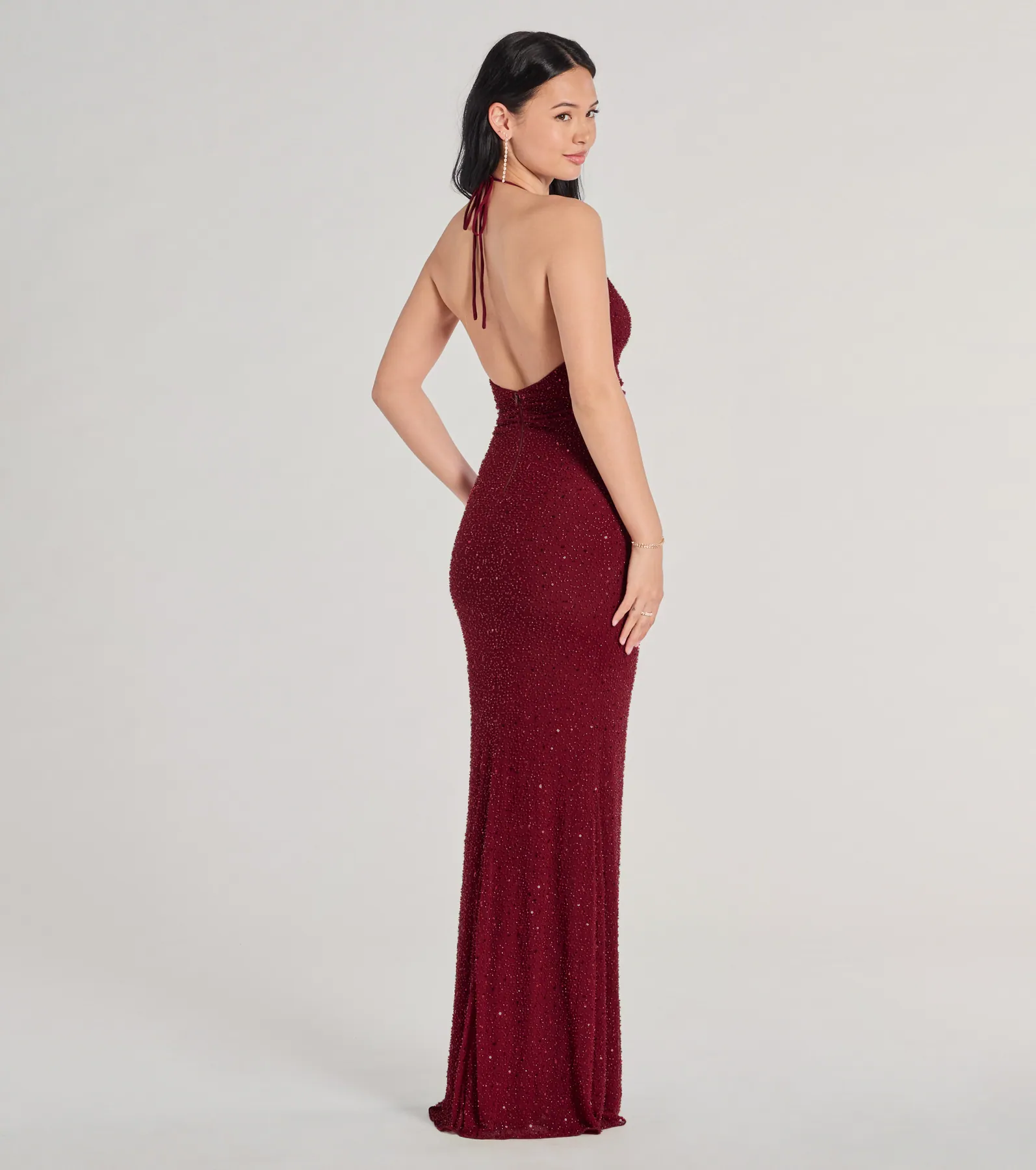 Blake Halter V-Neck Beaded Column Formal Dress