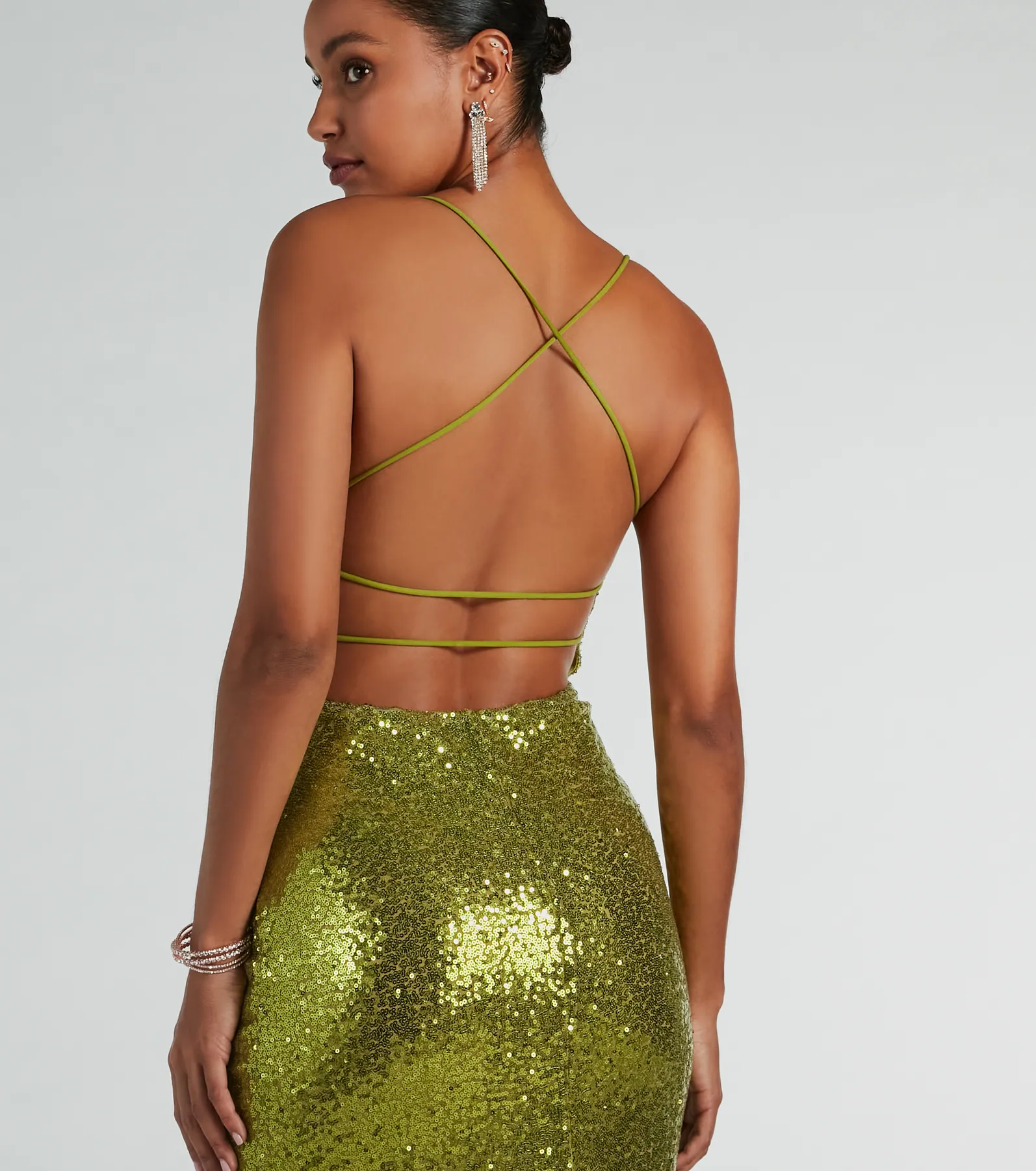 Jennifer Strappy Back High Slit Sequin Formal Dress