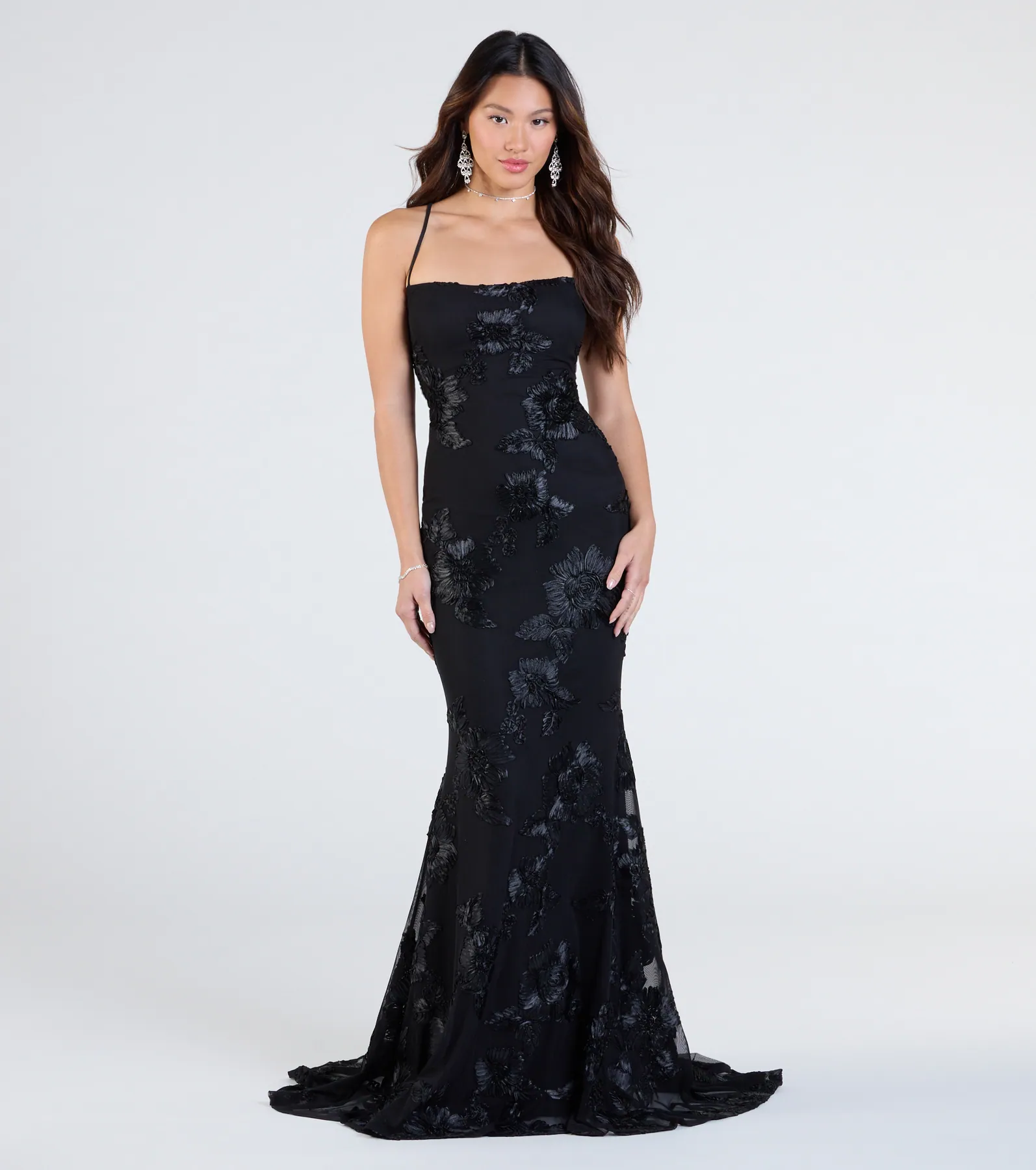 Gabi Lace-Up Floral Trim Mermaid Formal Dress