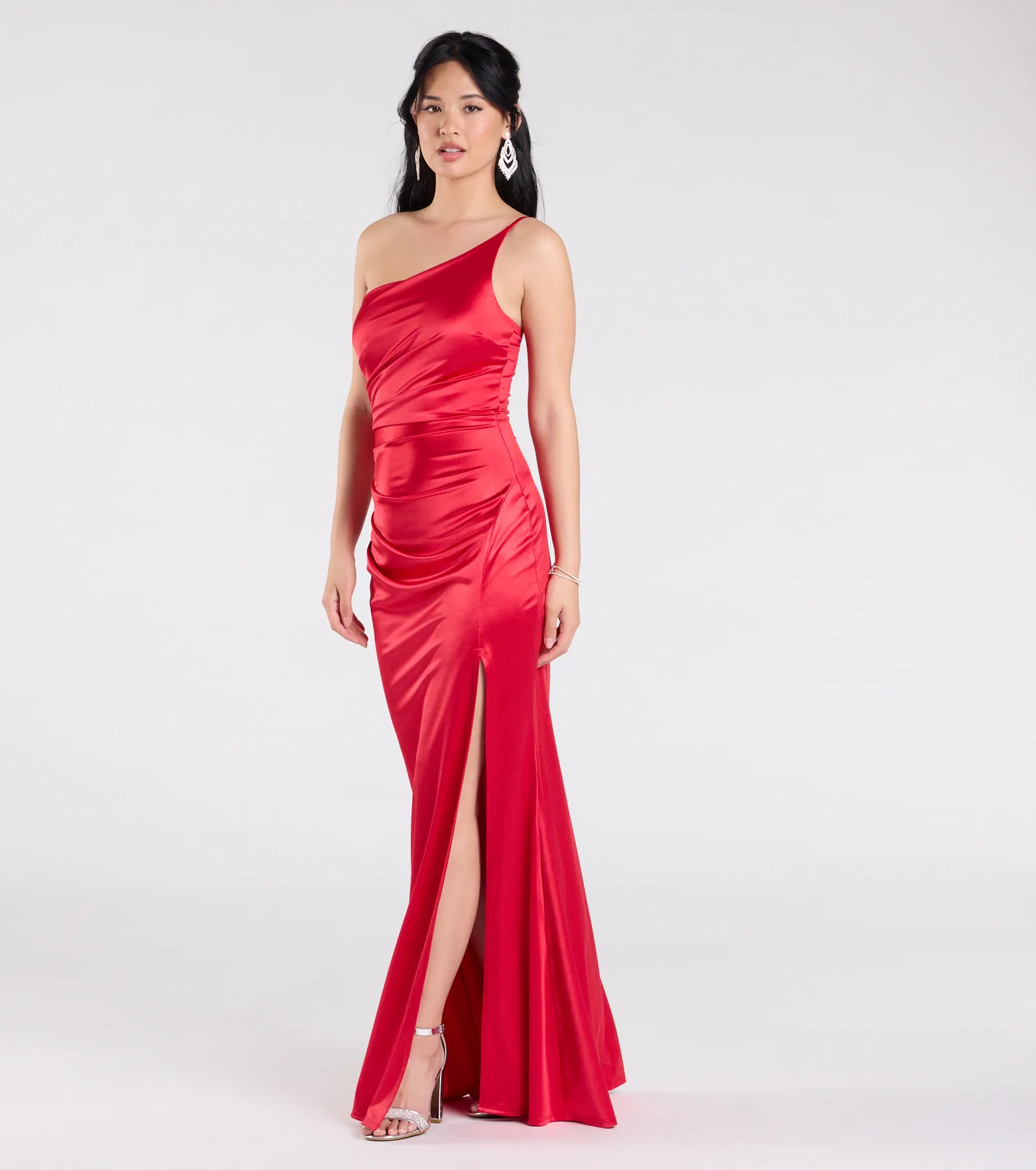 Contessa One-Shoulder Slit Satin Formal Dress