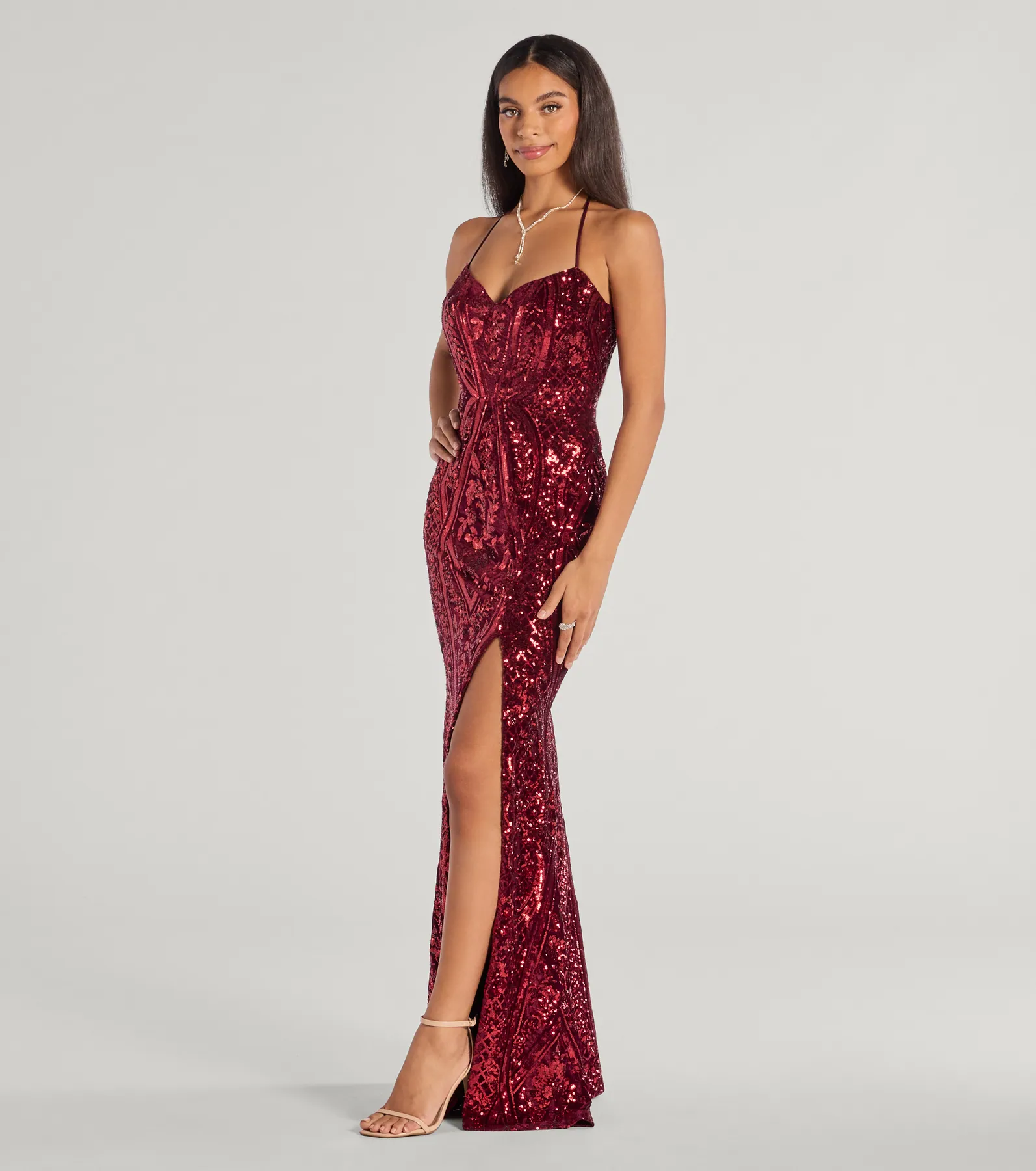 Meara Sequin Velvet Hight Slit Column Dress