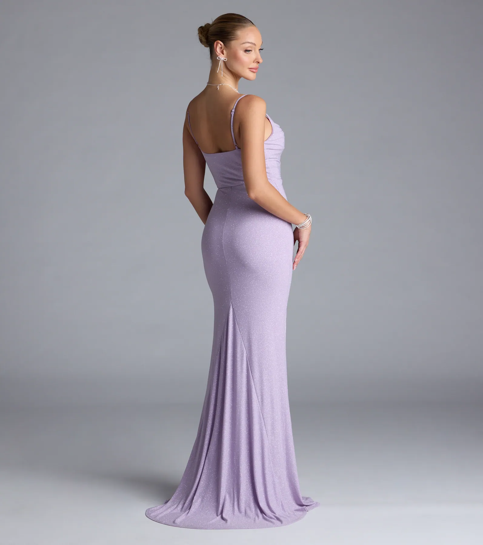 Madison Cowl Neck Slit Glitter Formal Dress