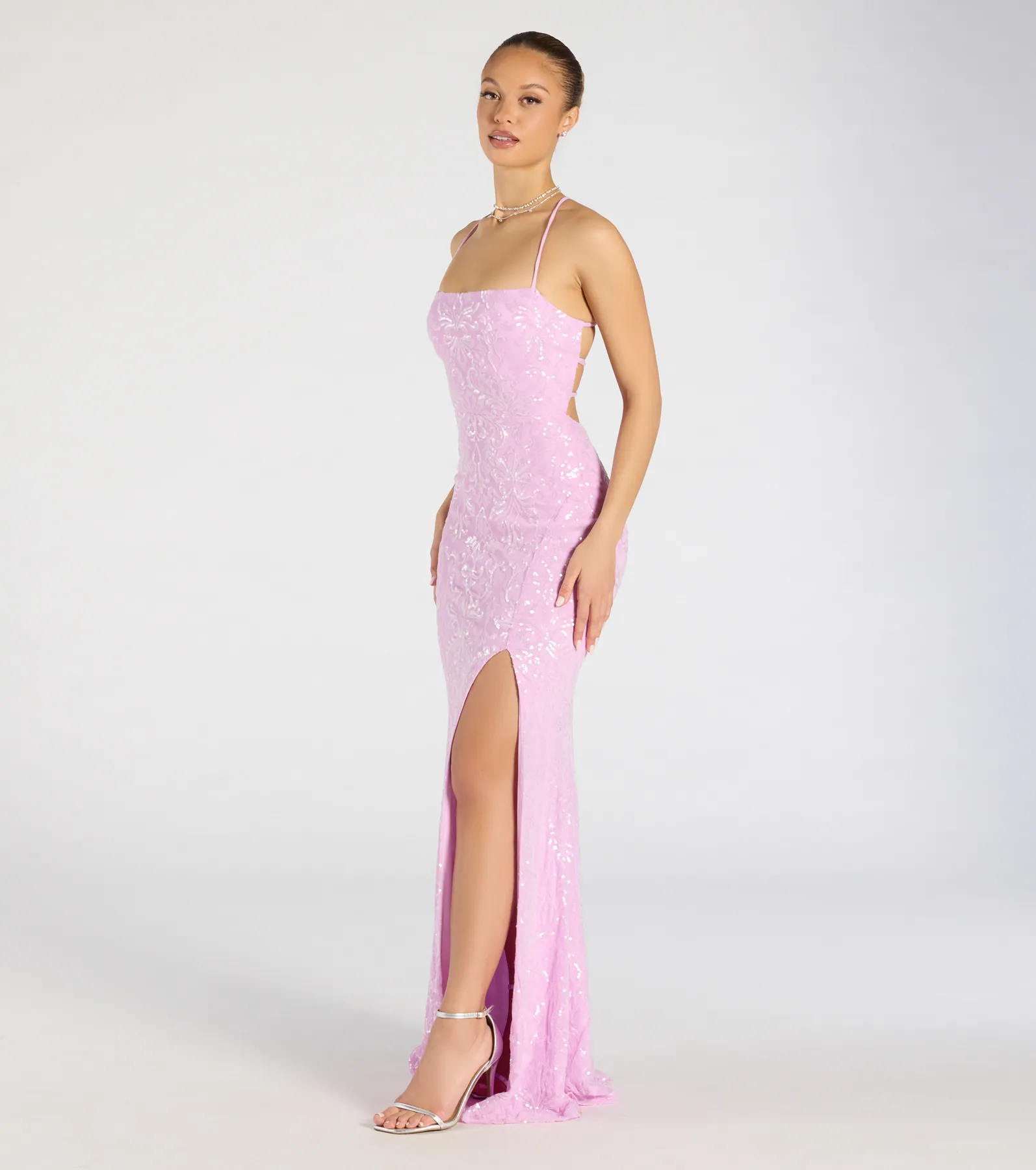 Mariah Lace-Up Slit Sequin Formal Dress