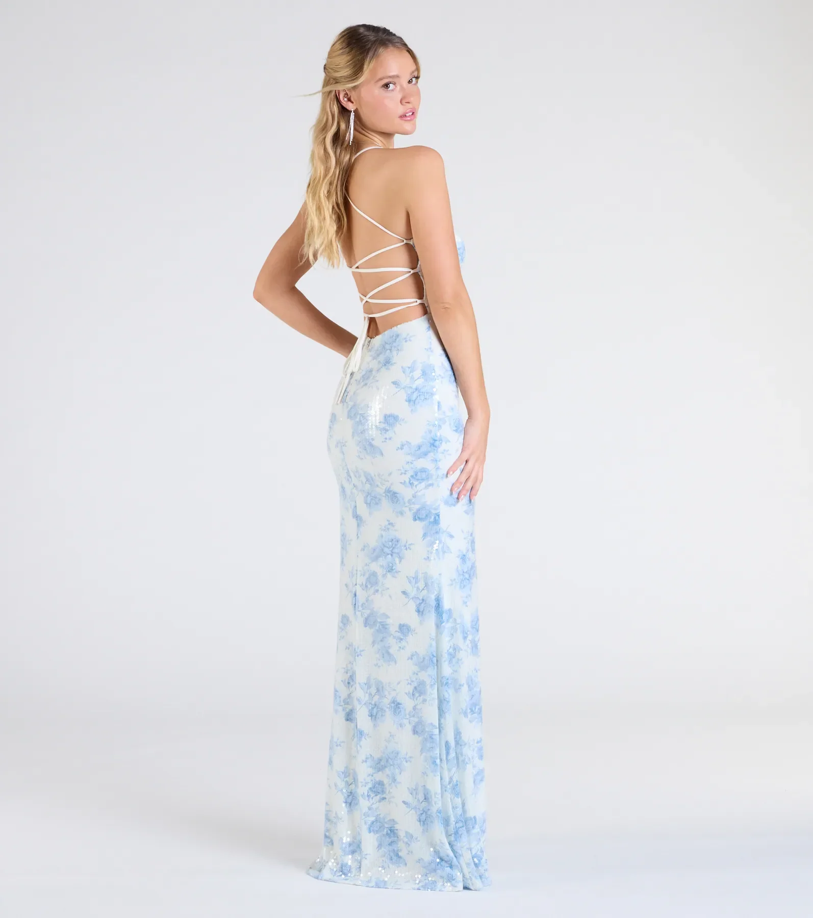 Nala Lace-Up Floral Sequin Formal Dress