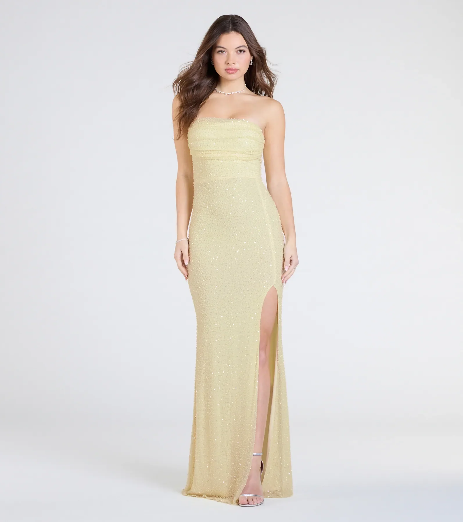 Cindy Beaded Strapless Column Formal Dress