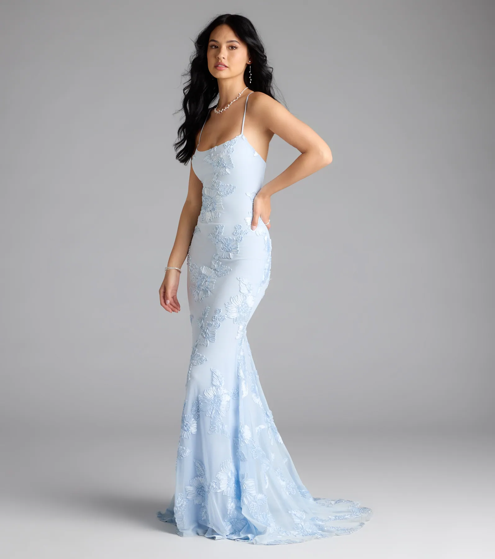 Gabi Lace-Up Floral Trim Mermaid Formal Dress