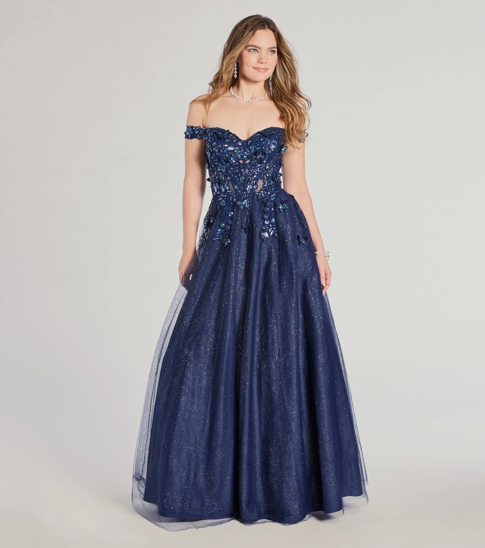 Sofia Off-The-Shoulder Corset Lace-Up Glitter Ball Gown