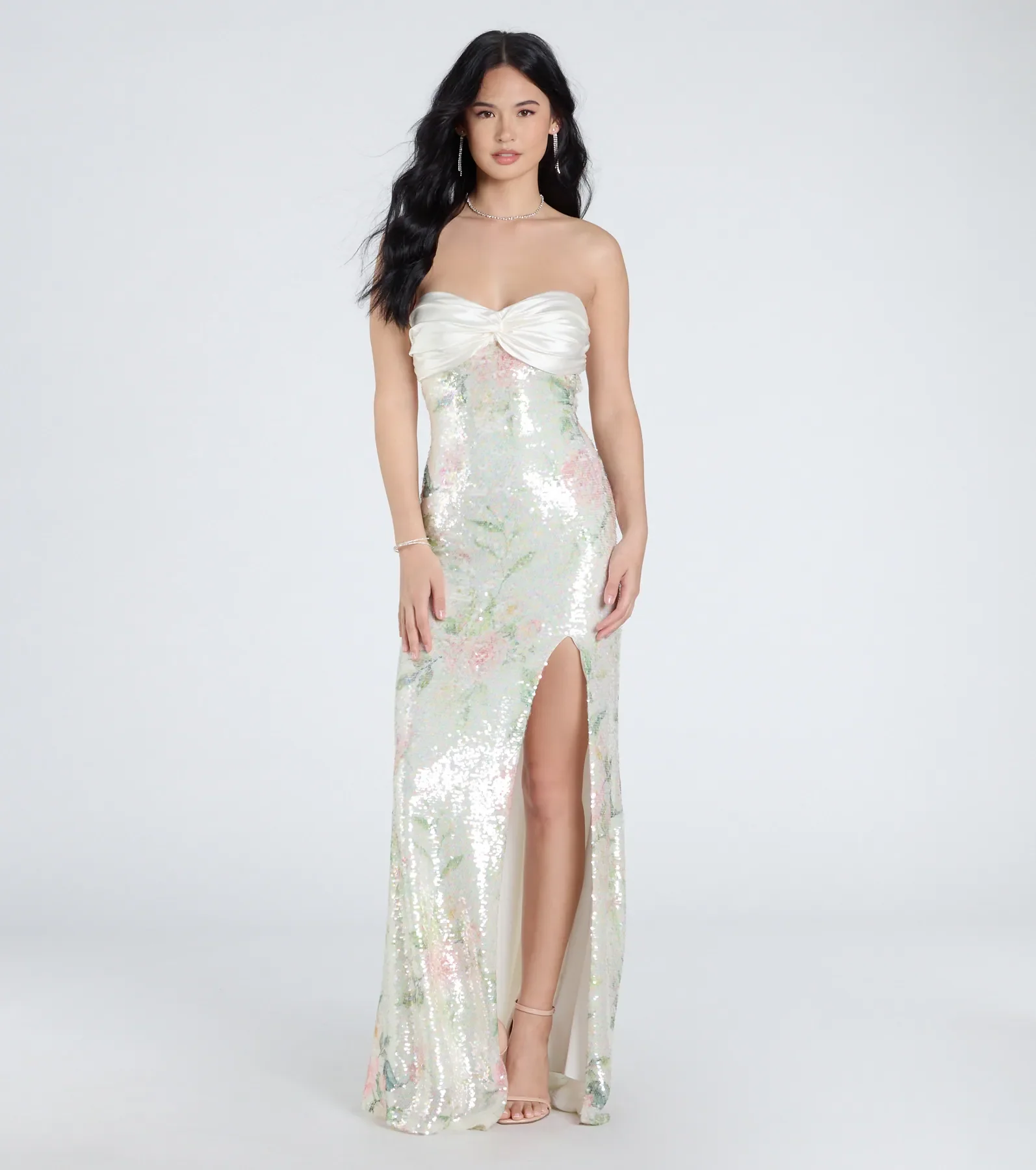 Angelina Satin Tie-Back Floral Sequin Formal Dress