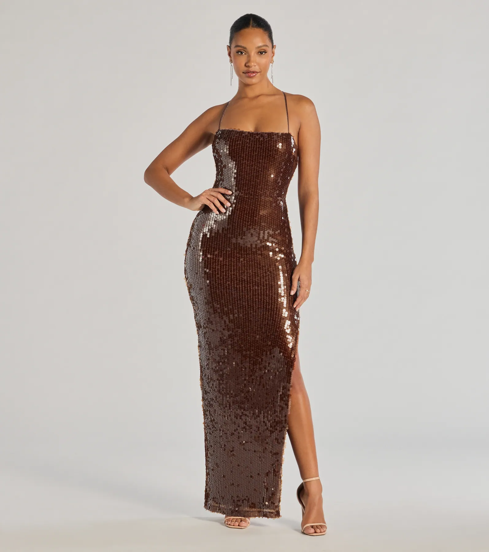 Naya Lace-Up High Slit Sequin Column Dress