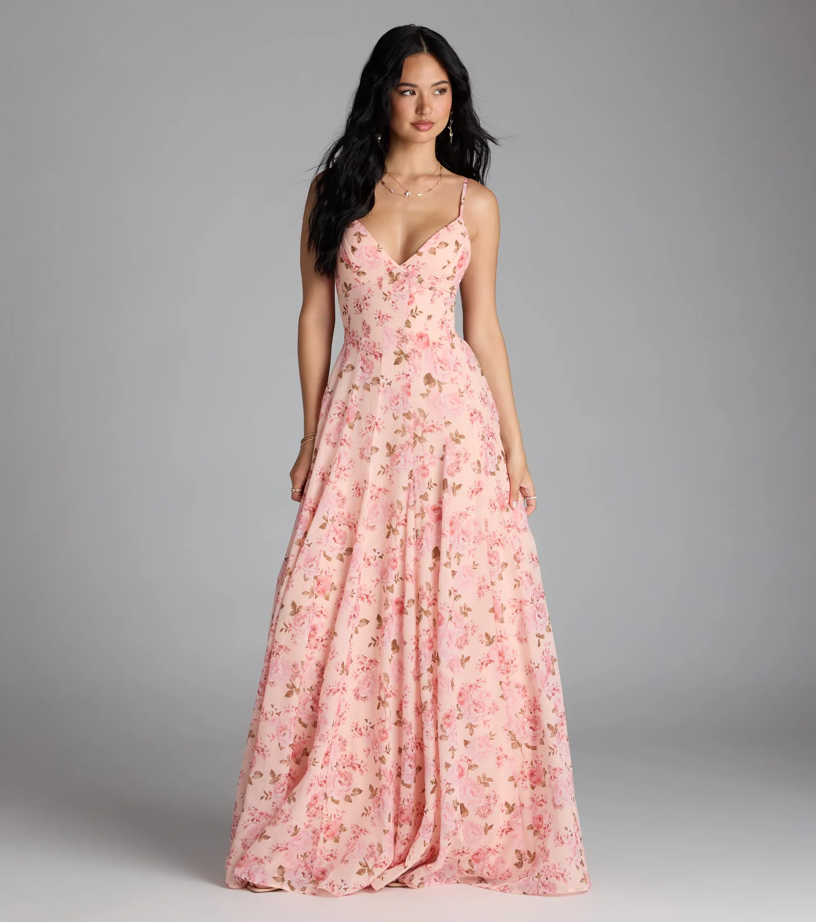 Ysabella Lace-Up A-Line Floral Chiffon Formal Dress