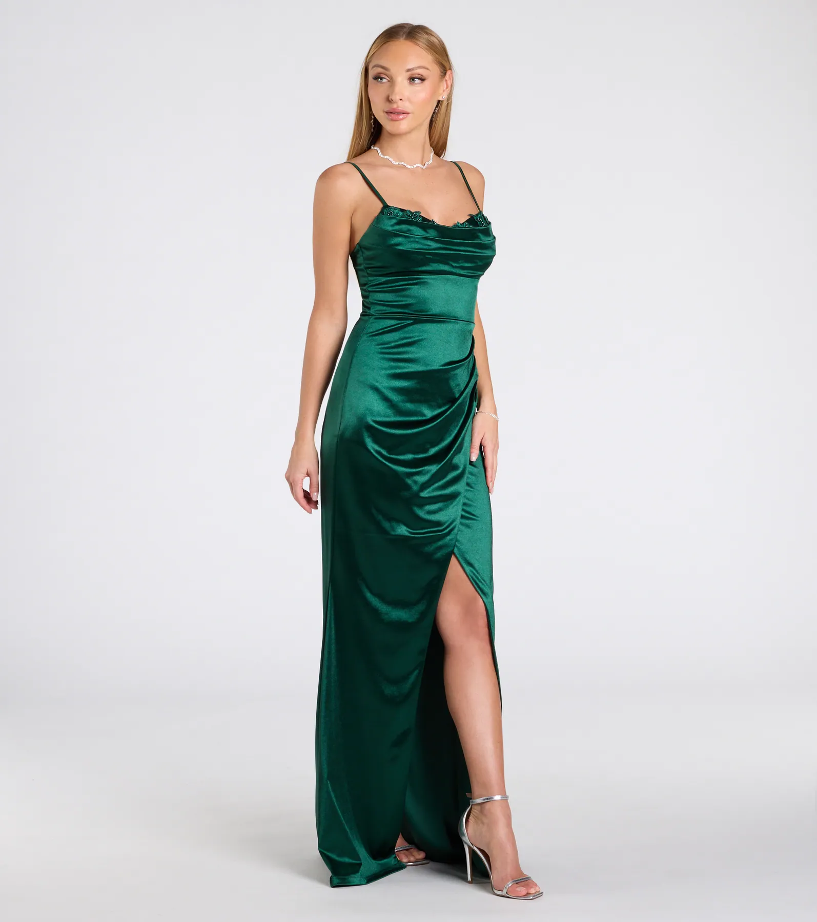Michelle Applique Trim Wrap Satin Formal Dress