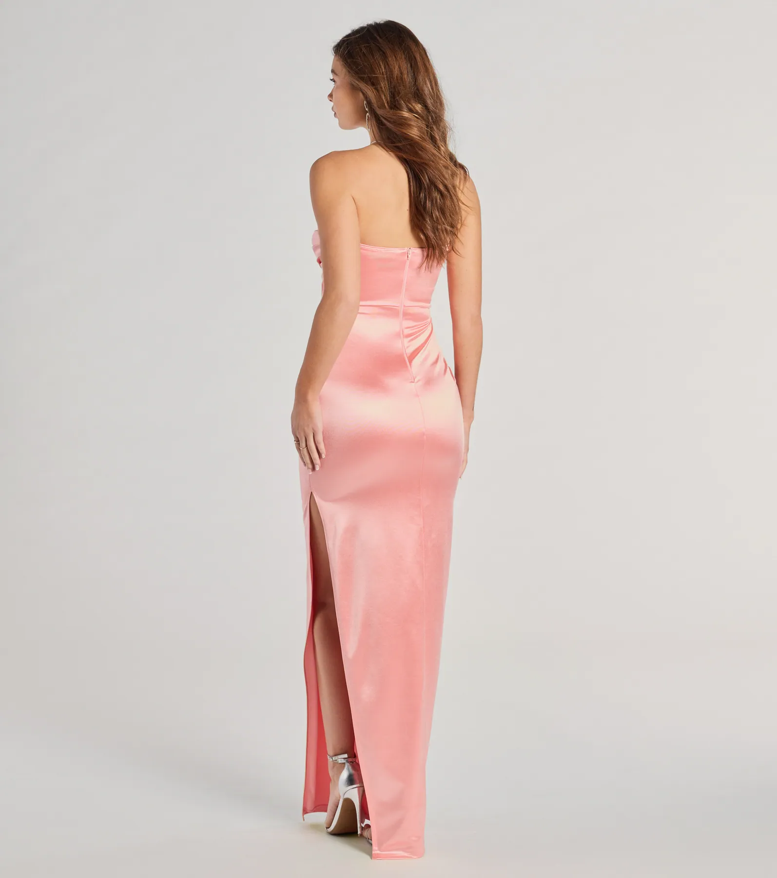 Brianna Satin Strapless High Slit Column Dress