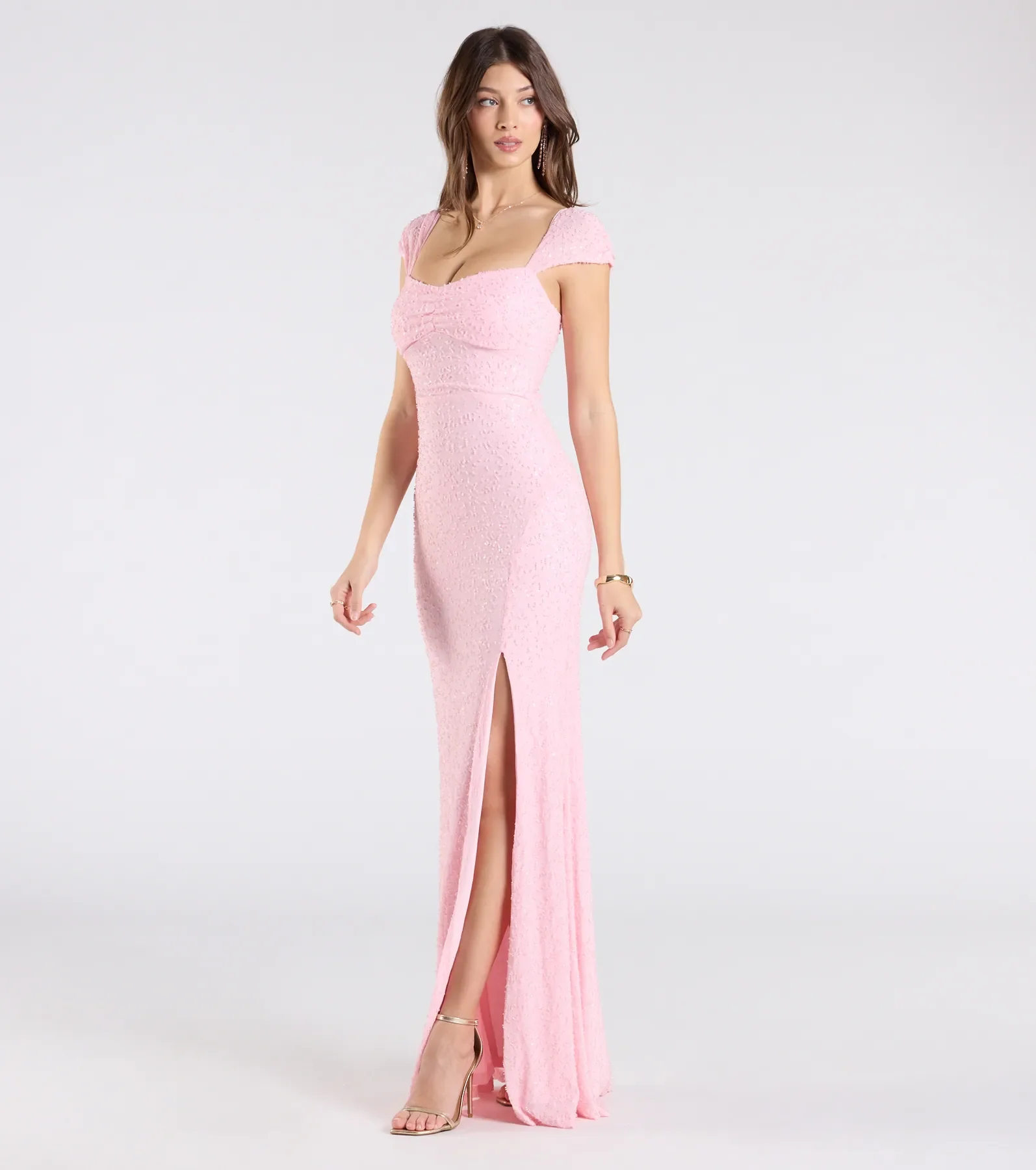 Greta Short Sleeve Lace-Up Slit Beaded Formal Dress