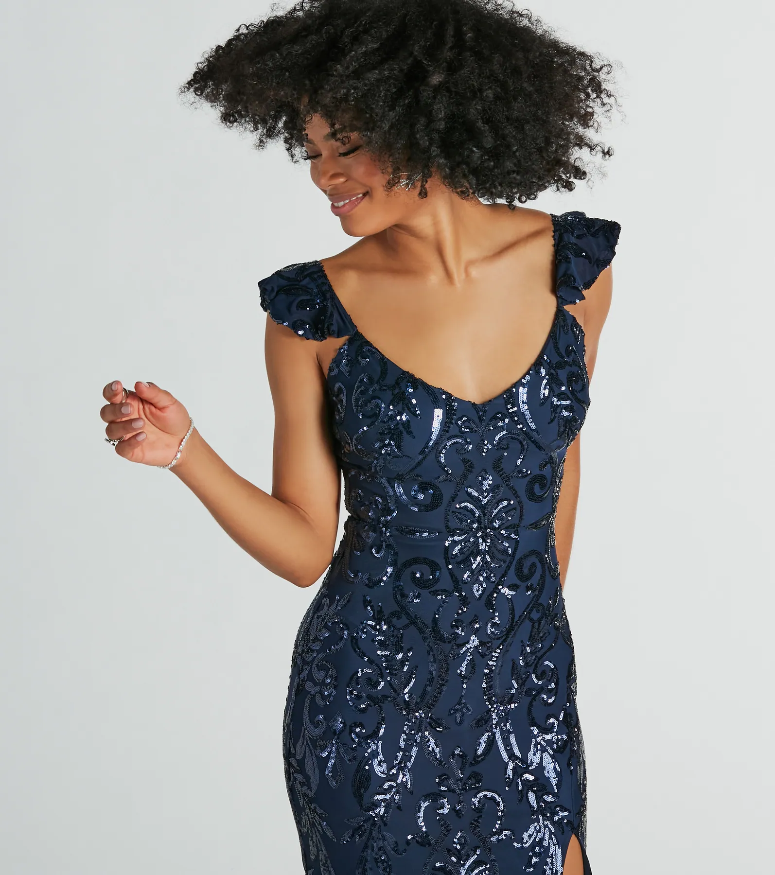 Estella V-Neck Column Long Sequin Formal Dress