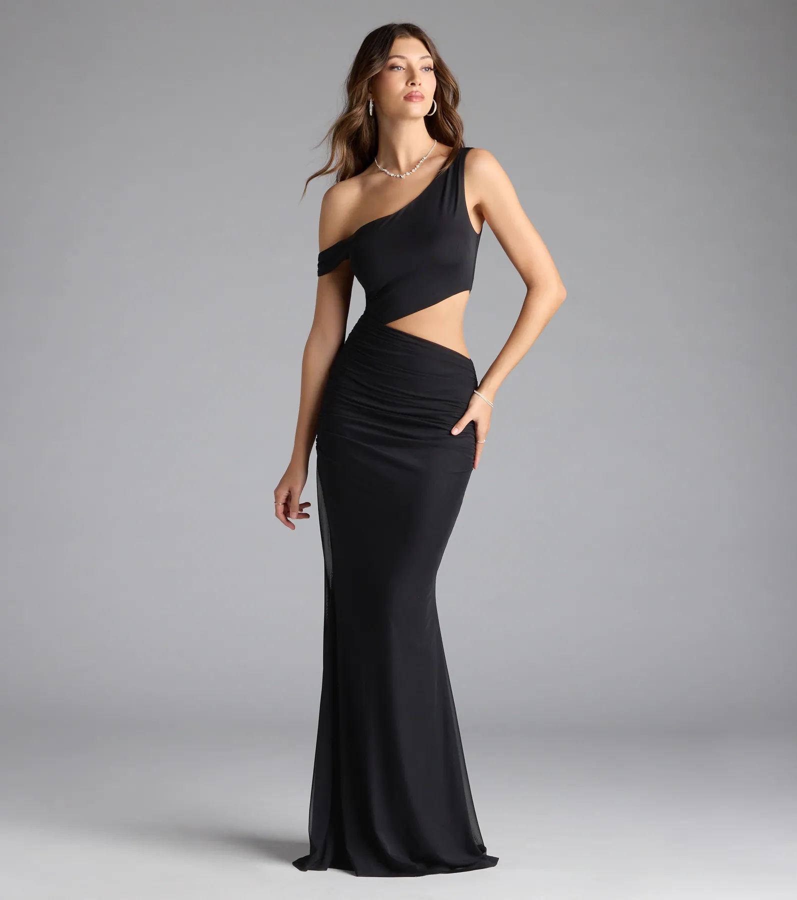 Idella One-Shoulder Cutout Mesh Formal Dress