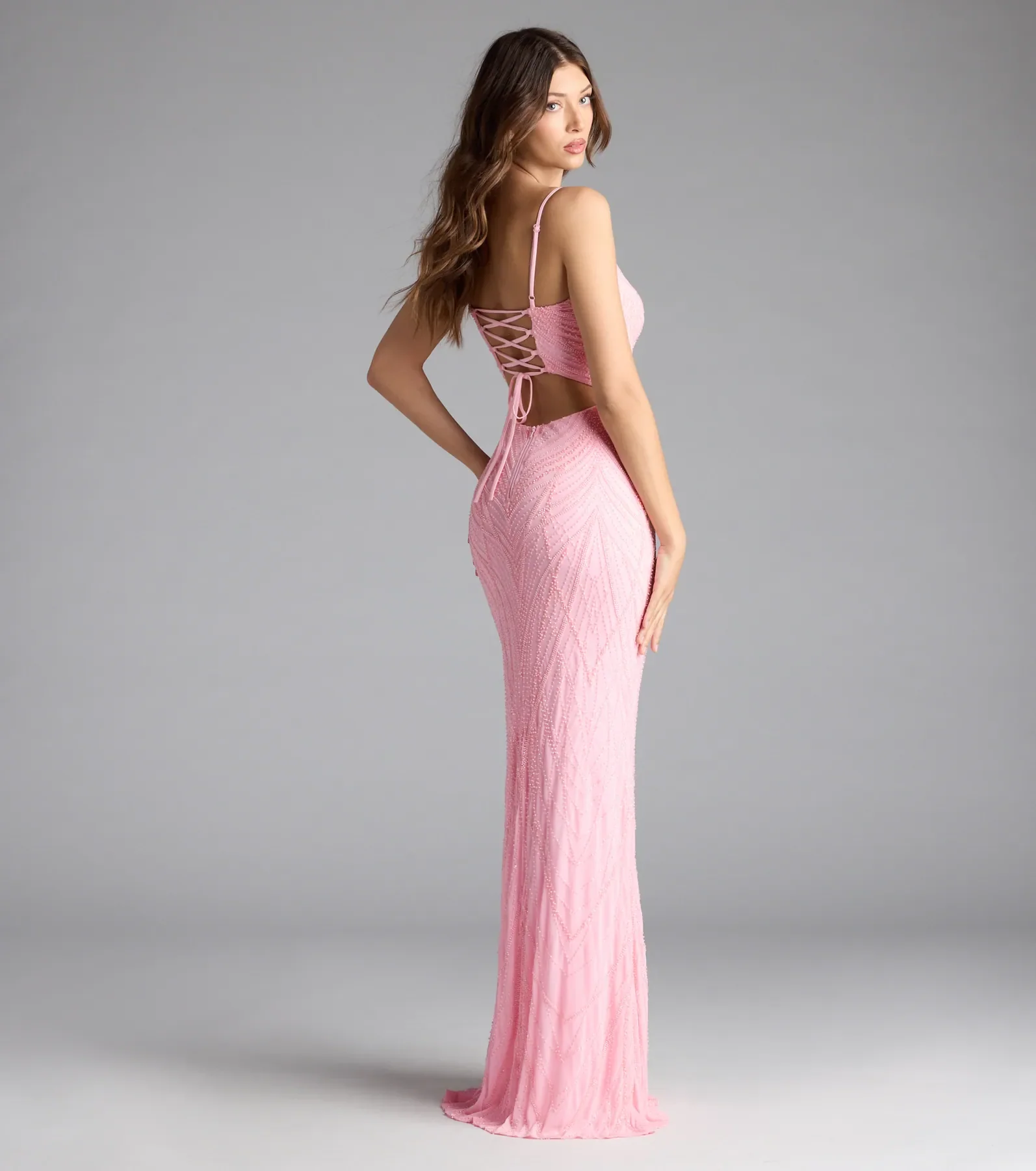 Betsey Lace-Up Mermaid Sequin Bead Formal Dress