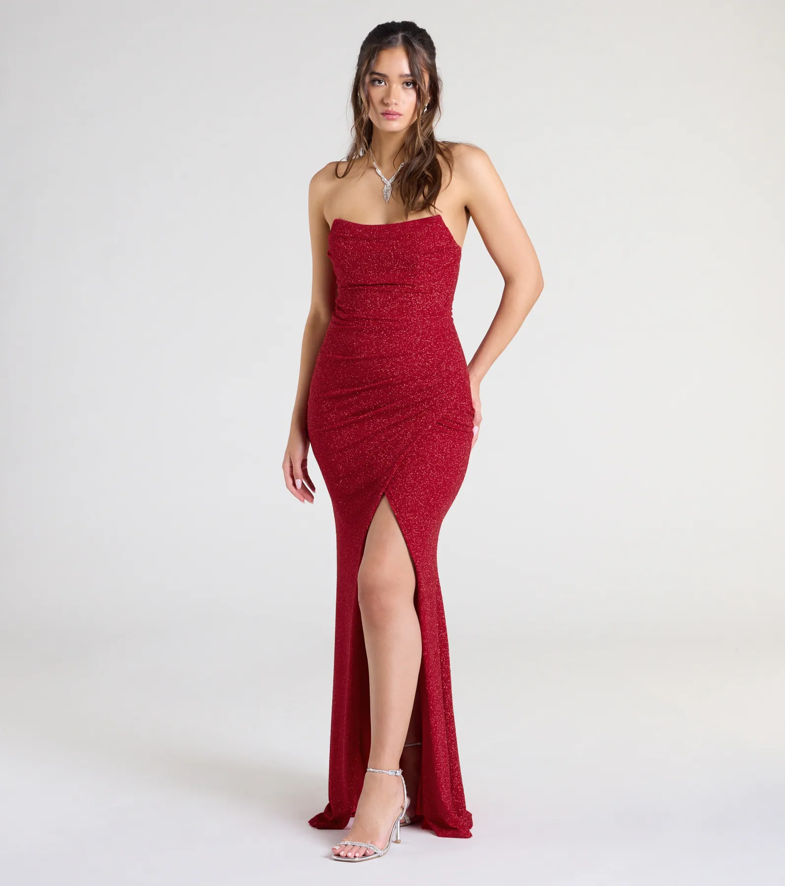 Perry Glitter Knit Wrap Slit Mermaid Dress