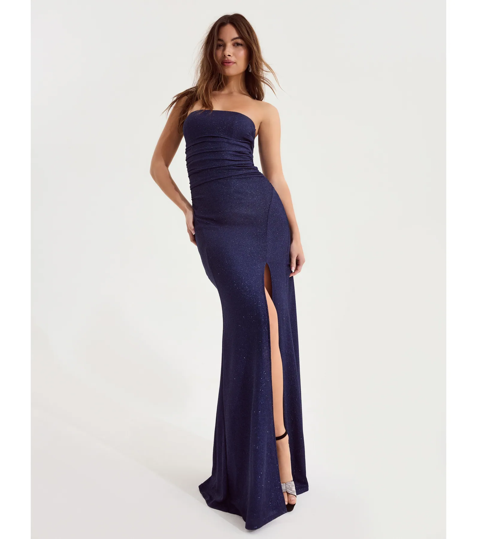 Lilly Sleeveless High-Slit Glitter Column Dress