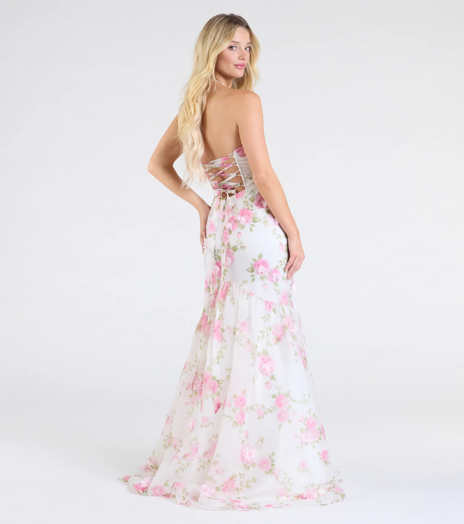Robin Strapless Lace-Up Floral Mermaid Formal Dress