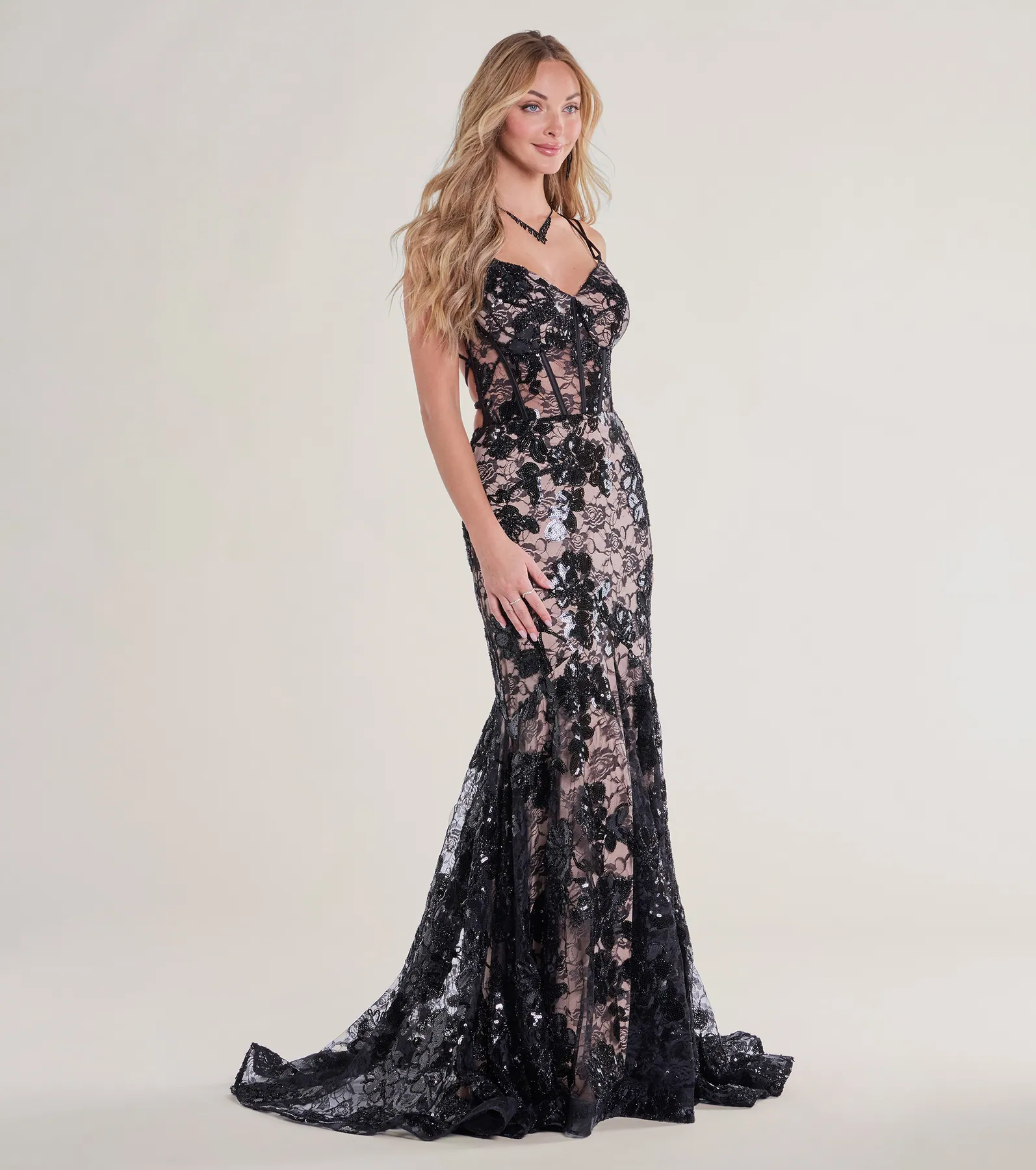 Daniella Bustier Lace-Up Lace Sequin Mermaid Gown