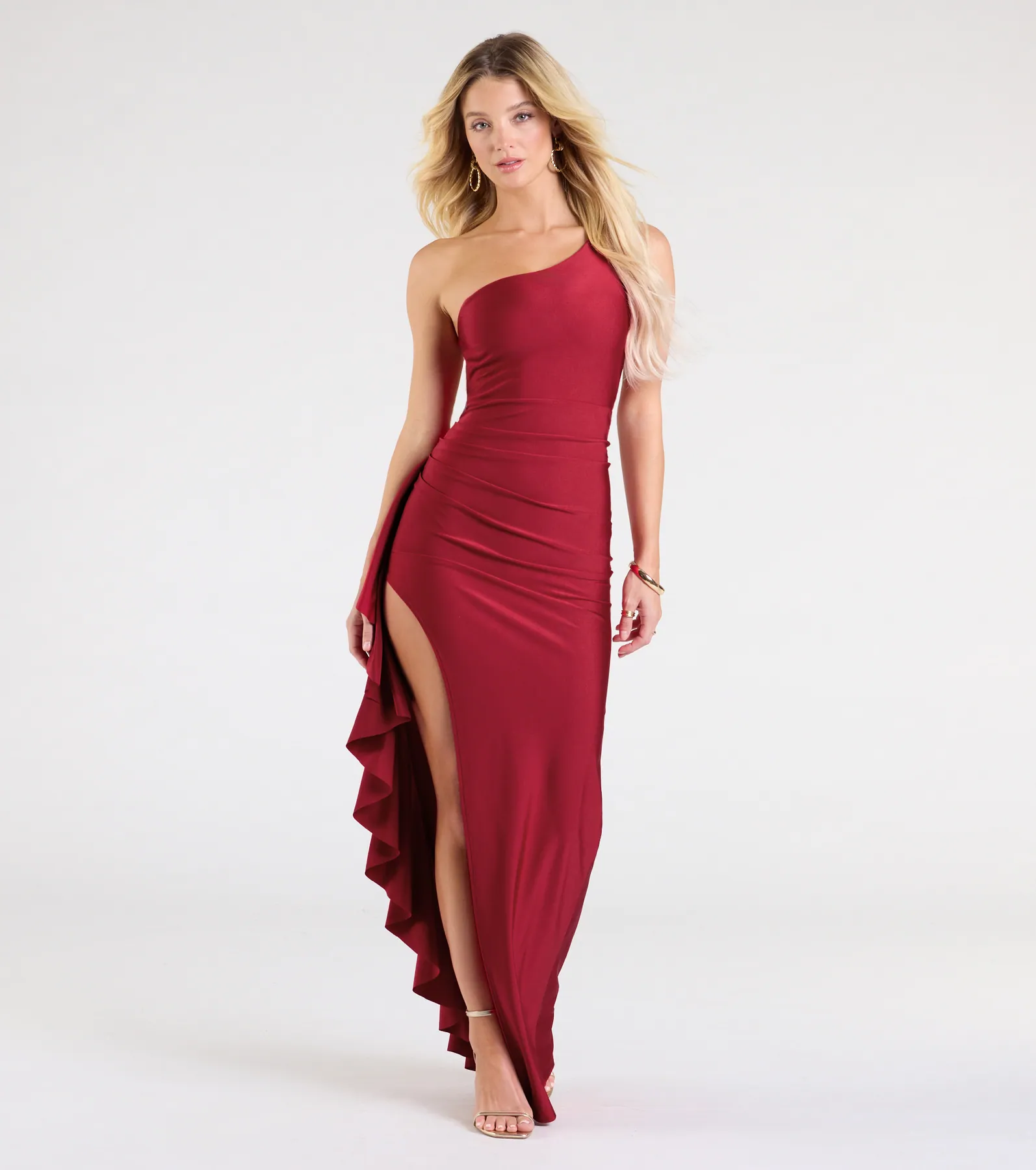Isabella One-Shoulder Ruffle Slit Formal Dress