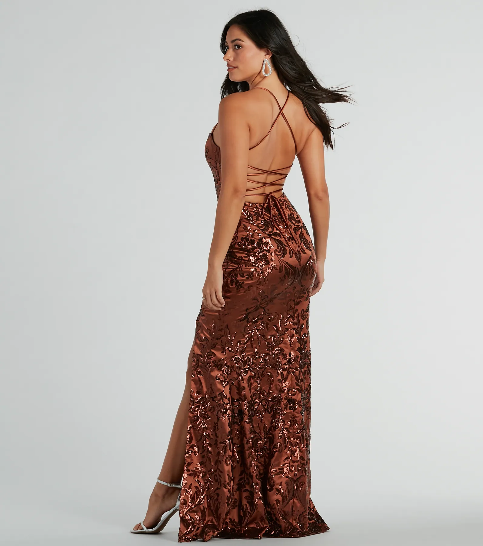 Marisol Lace-Up Column Sequin Satin Formal Dress